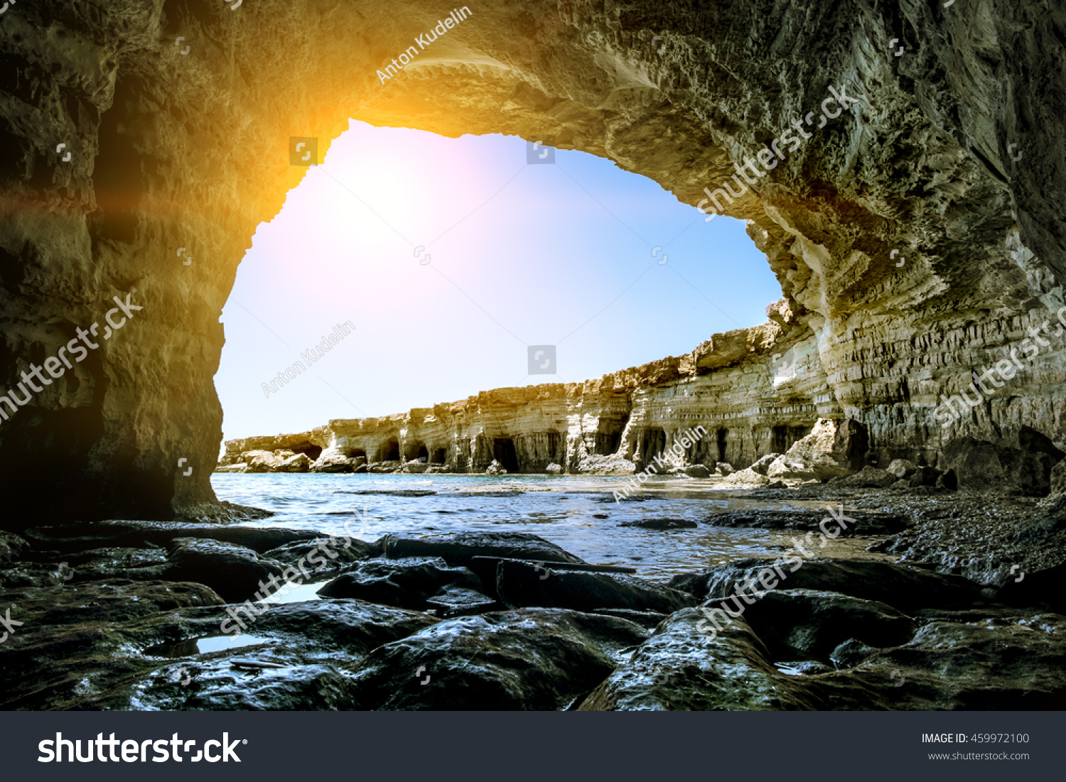 25 may 2016.Cape Greco. Views of the sea caves and cliffs of Cape Greco at sunset. Cyprus.