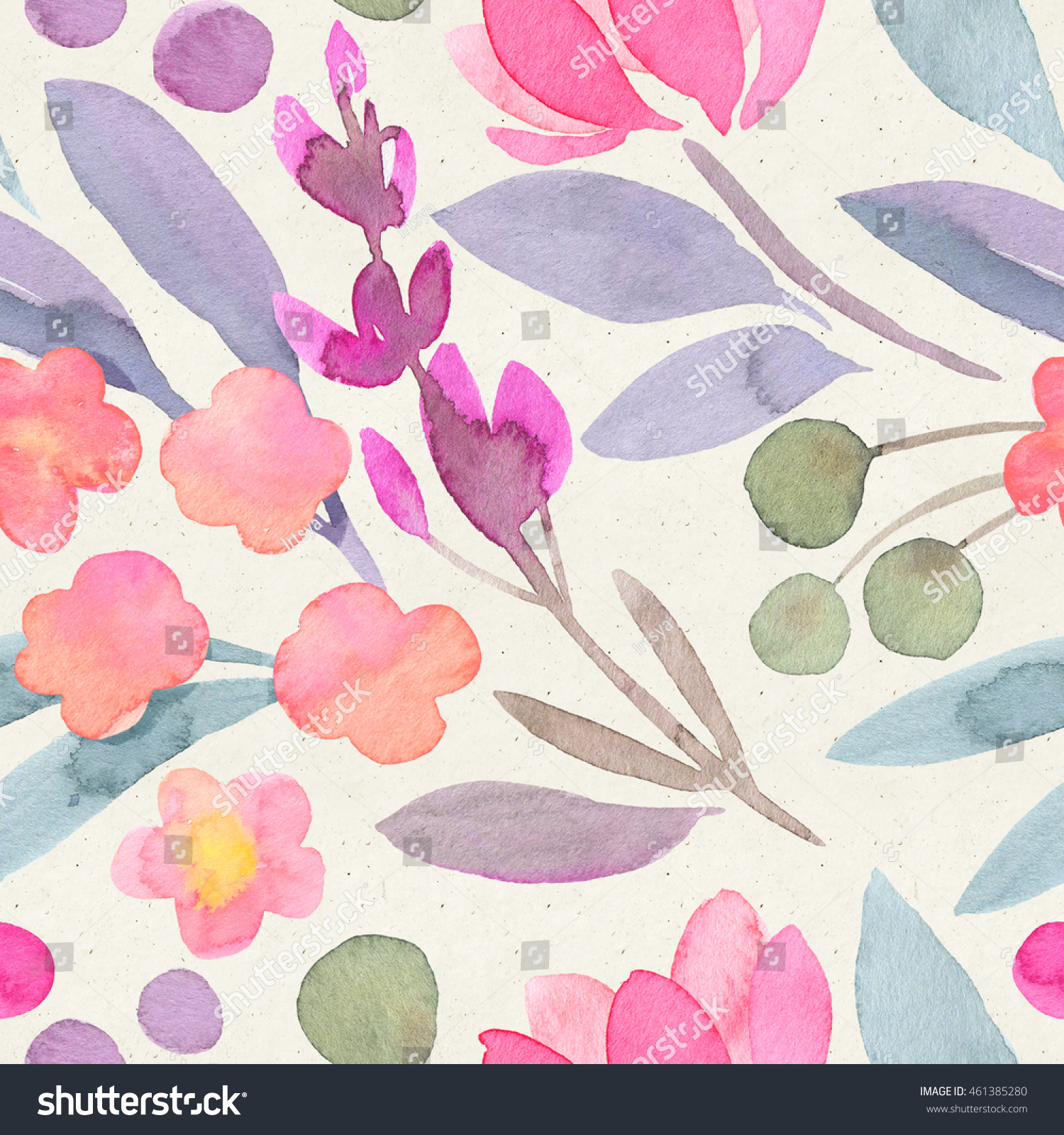 Seamless watercolor botanical pattern on paper texture. Floral Background.