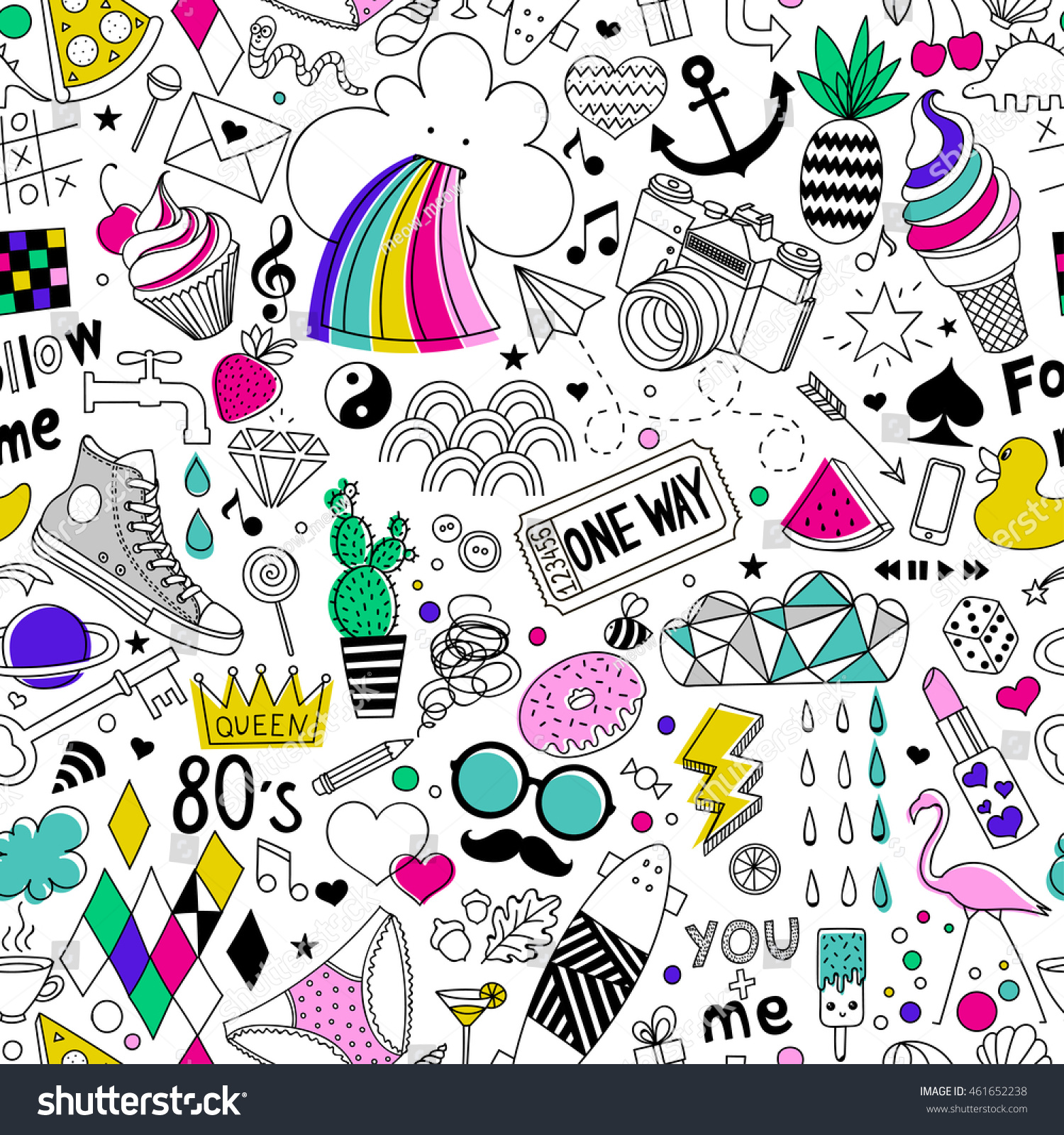 Cartoon hand-drawn seamless vector pattern with doodle icons items. Vector  background with cute elements. Funny children drawing. Can be used wallpaper  cloth design  fabric  paper  textile  backdrop