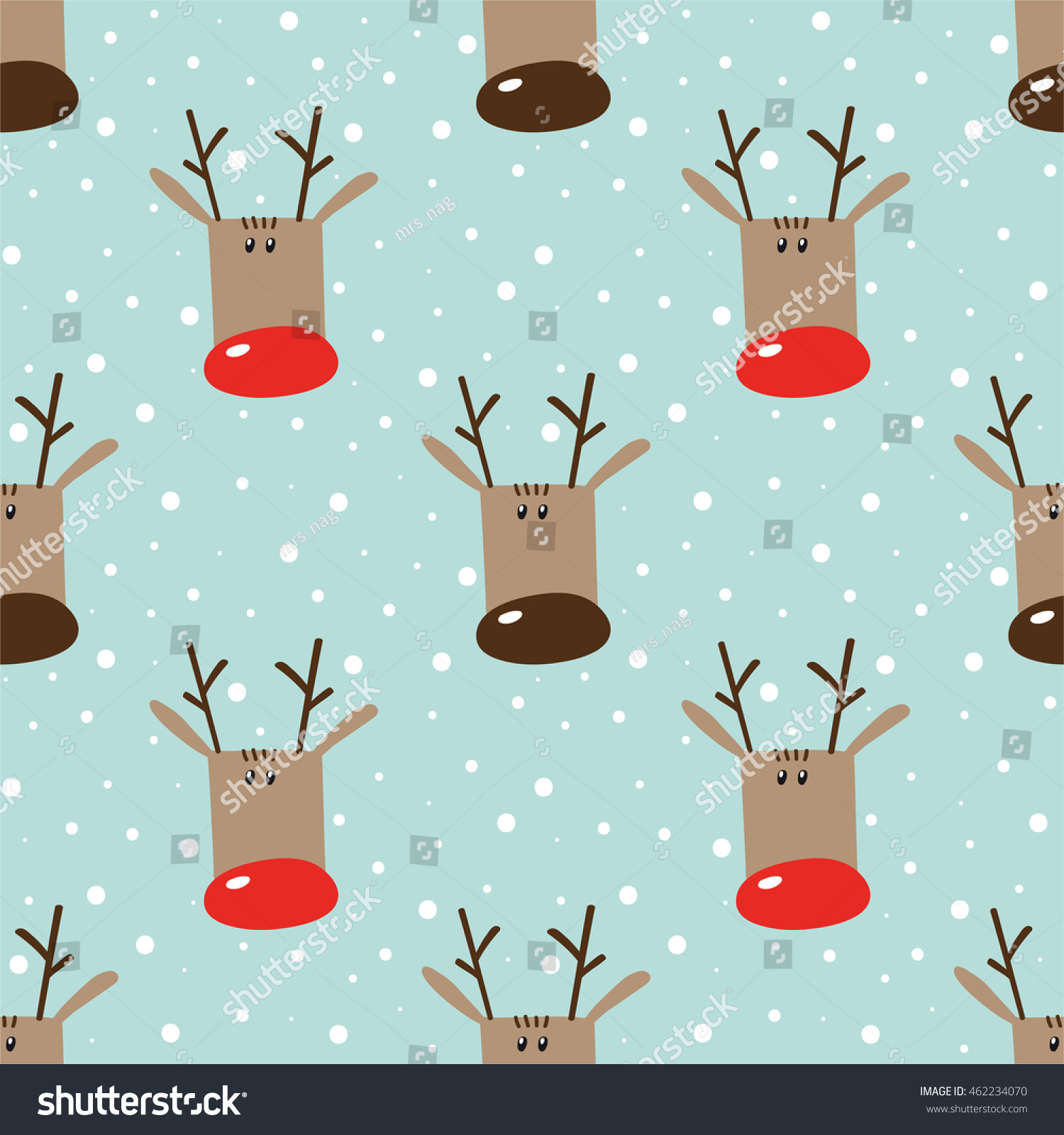 Seamless winter holidays pattern with funny cartoon deers on snowy light turquoise background. Vector illustration. Design for fabric and decoration.