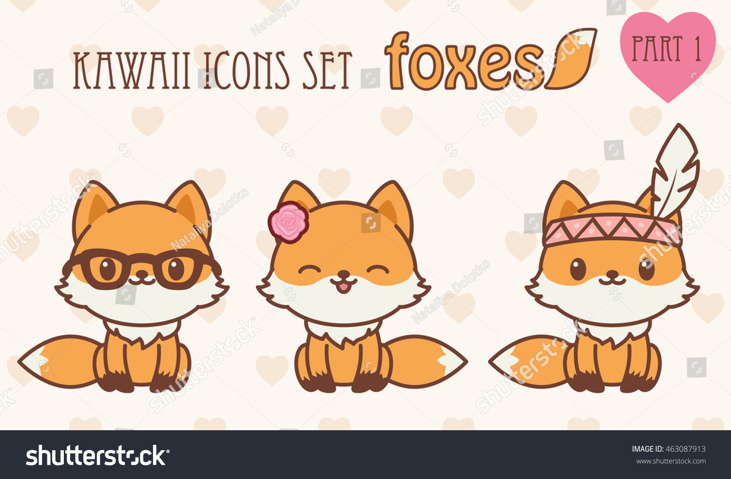 Kawaii foxes icons set. Vector illustration of cute animals. Part 1