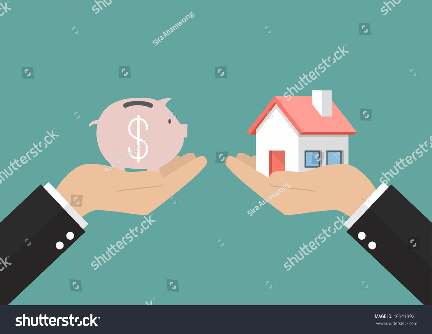 Hands with house and piggy bank. Flat style vector illustration