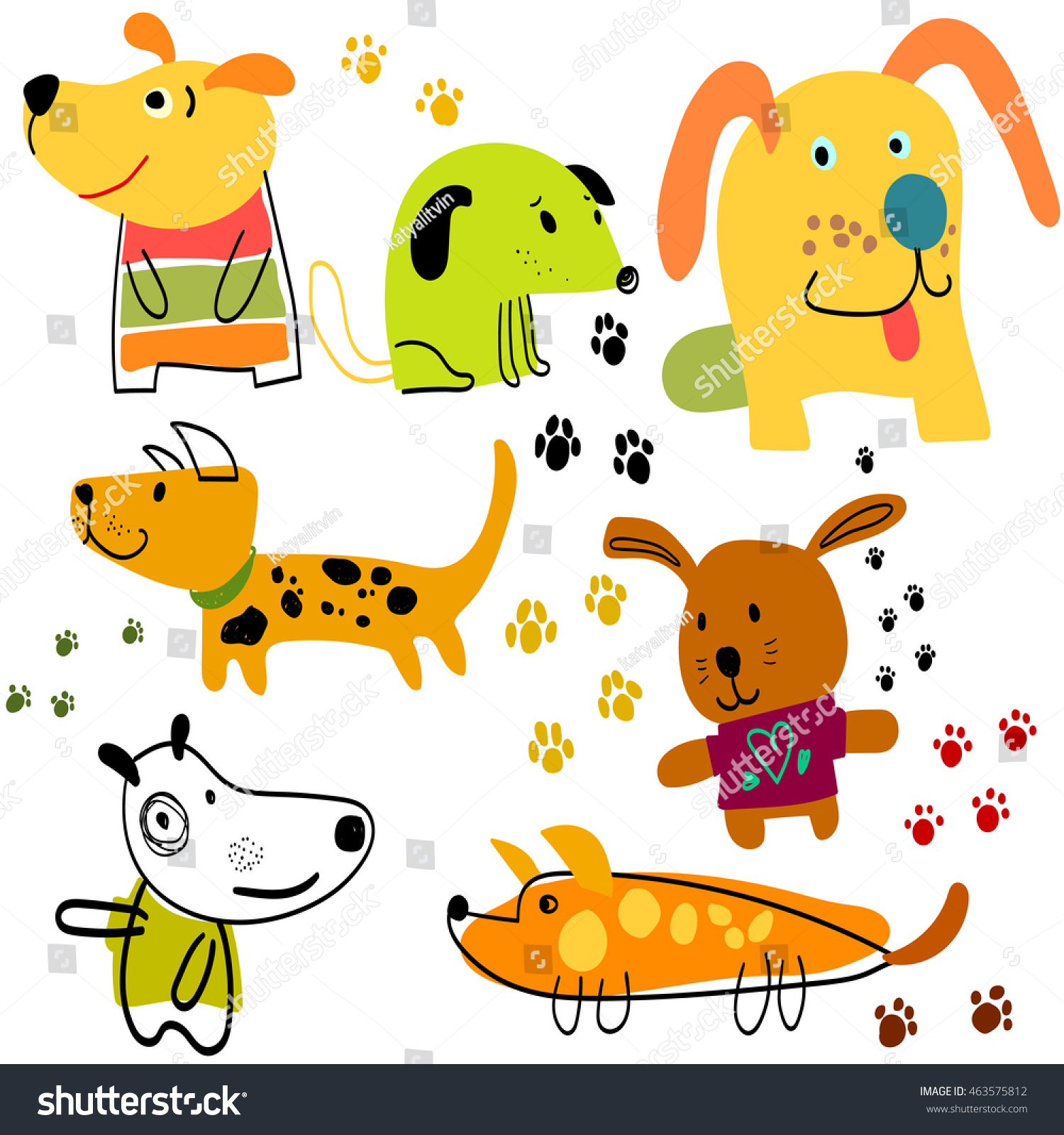 Vector set of funny cartoon dogs. Cartoon Dogs Collection. Cute happy dog with paw prints in bright colors.