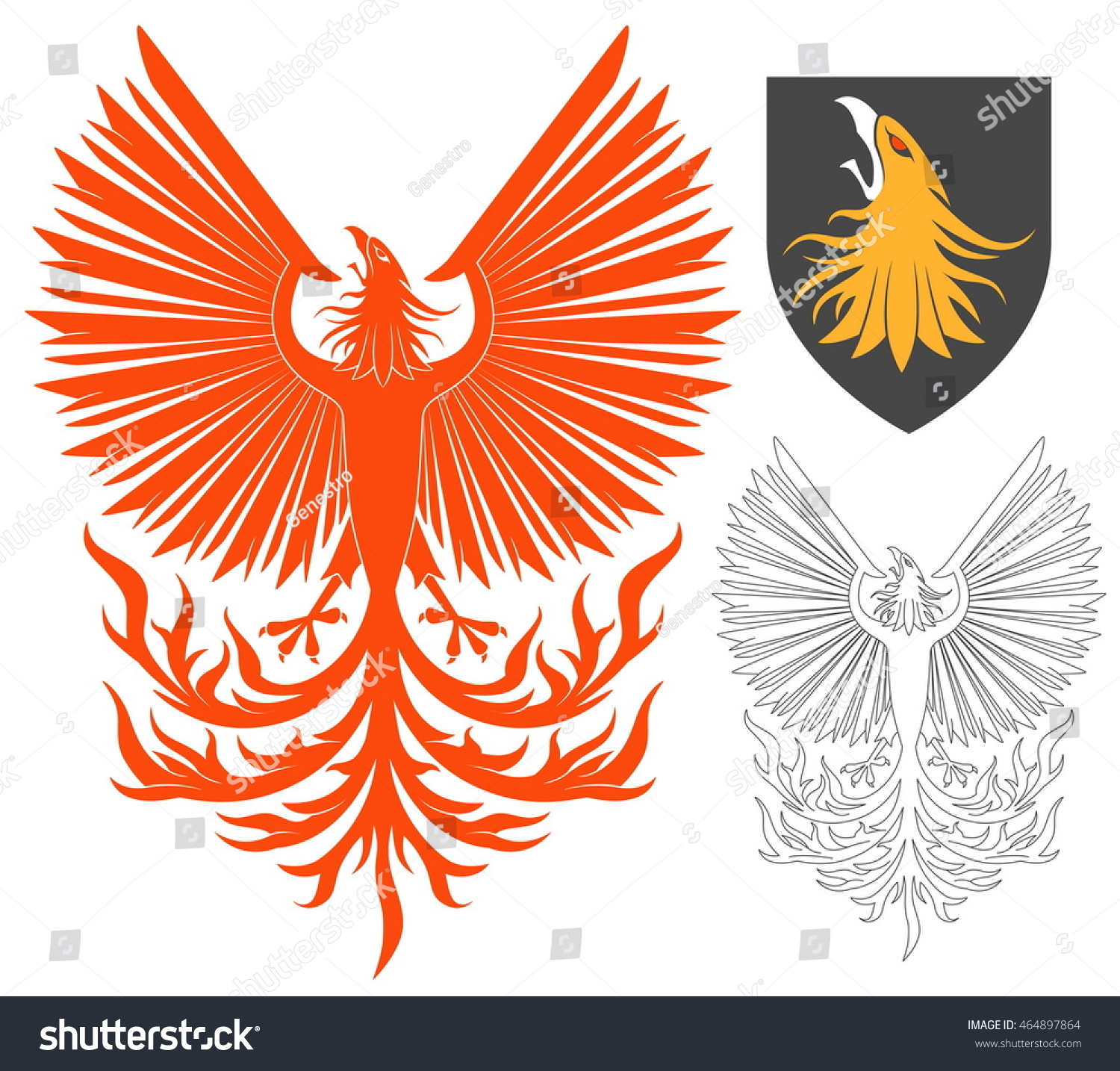 Red Soaring Phoenix Bird Illustration For Heraldry Or Tattoo Design Isolated On White Background. Heraldic Symbols And Elements