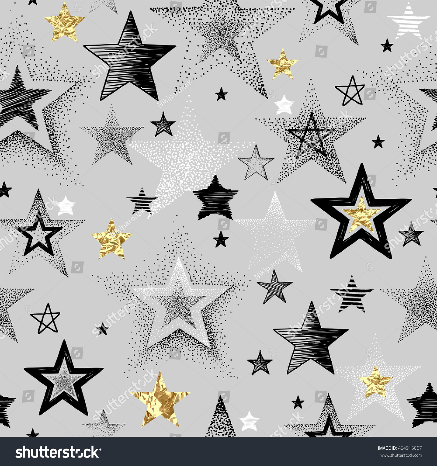 Seamless vector pattern with hand-drawn and texture golden foil stars  abstraction illustration on gray background.