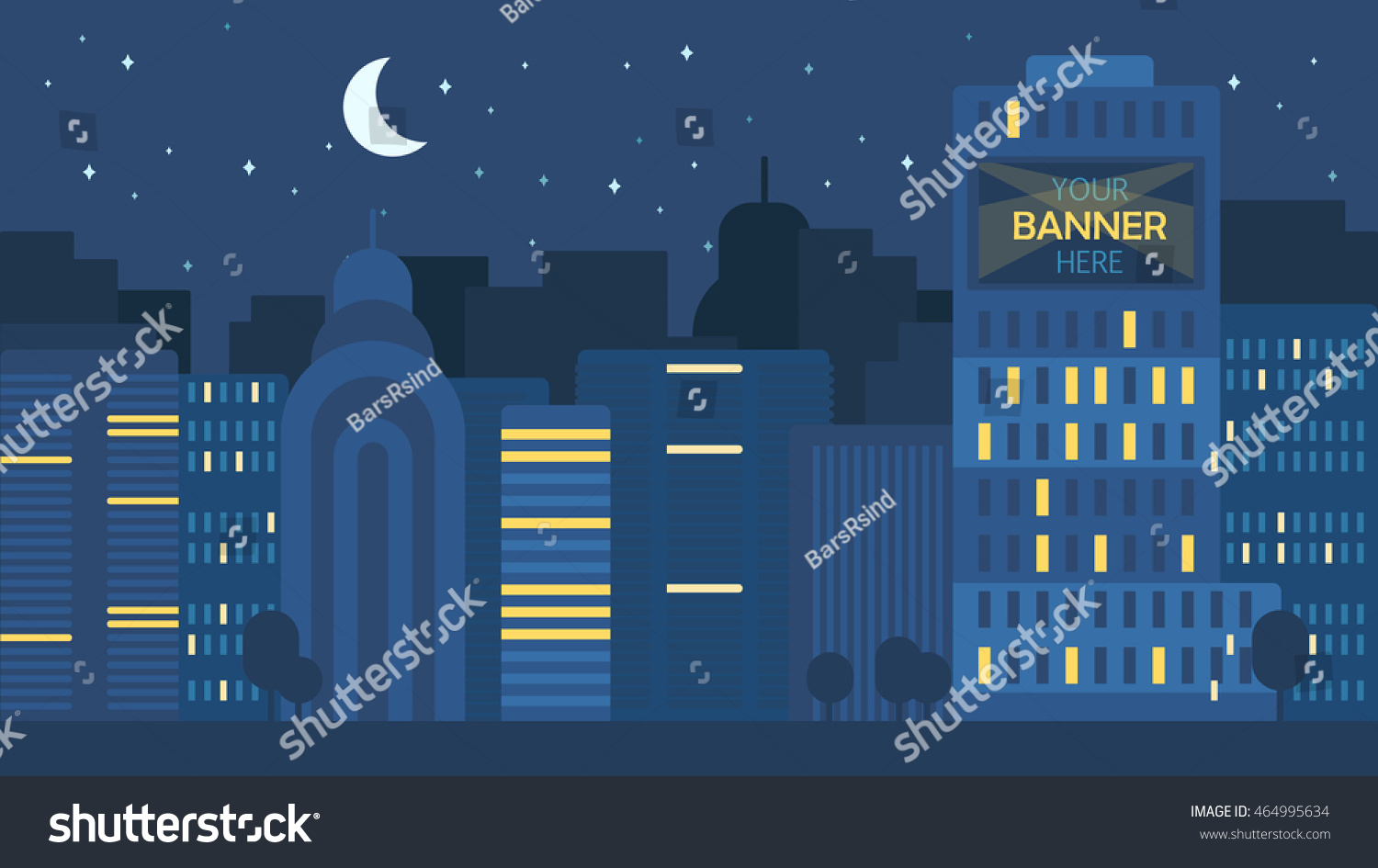 Night City Life Concept. Town street. Urban Landscape Banner with buildings  trees  shop  stores  sky and sun. Vector