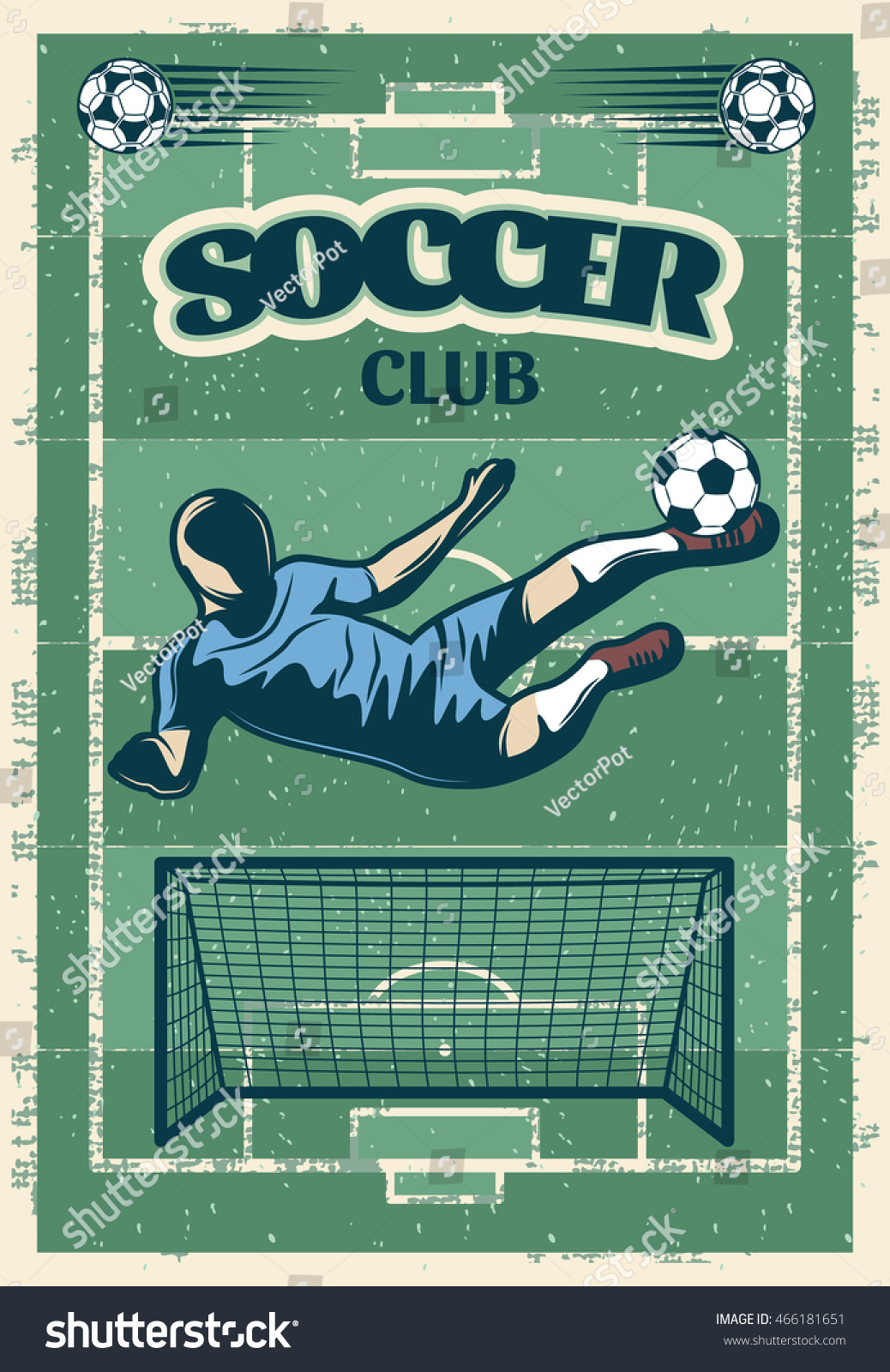 Soccer club poster with dynamic player and football goal on worn green field background vector illustration