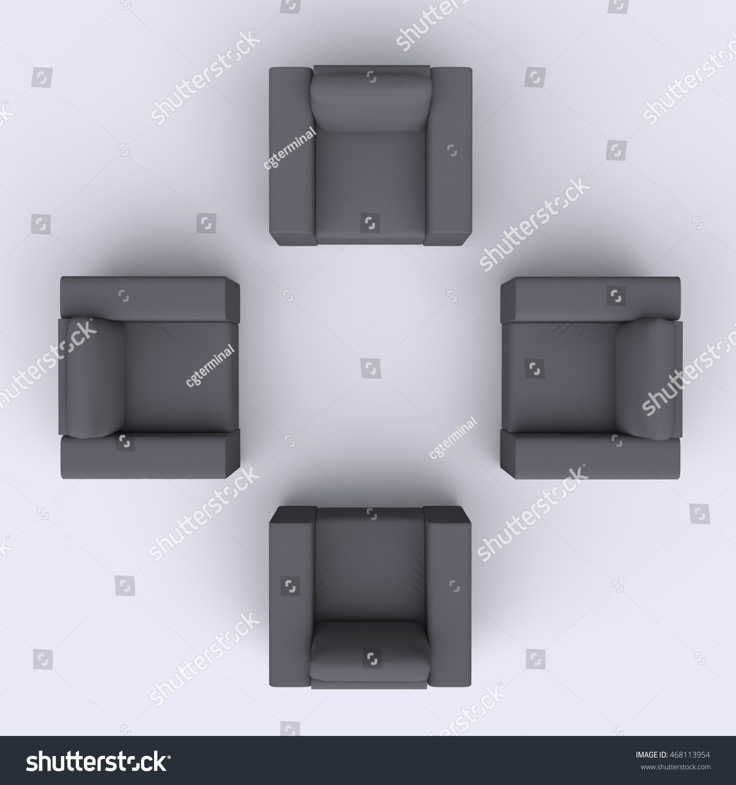 Four armchairs on white empty floor background. Top view. 3d render.