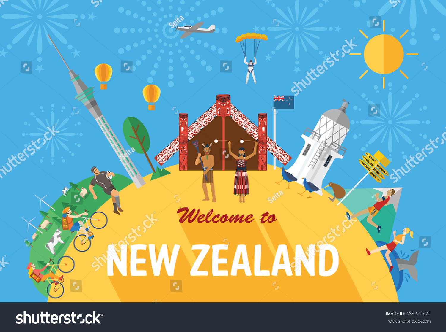 Flat design  New Zealand's landmarks and icons