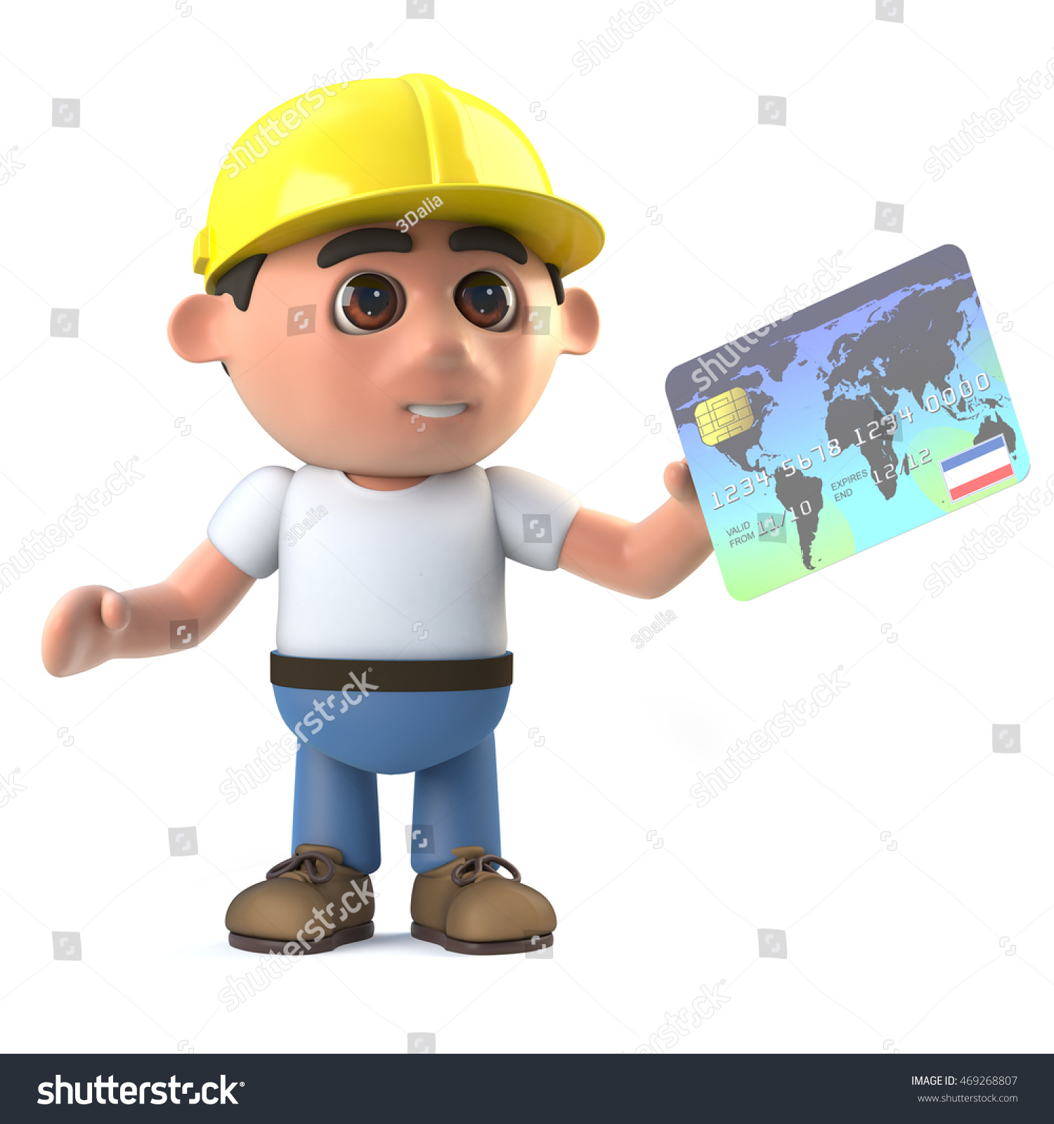 3d render of a construction worker holding a debit card
