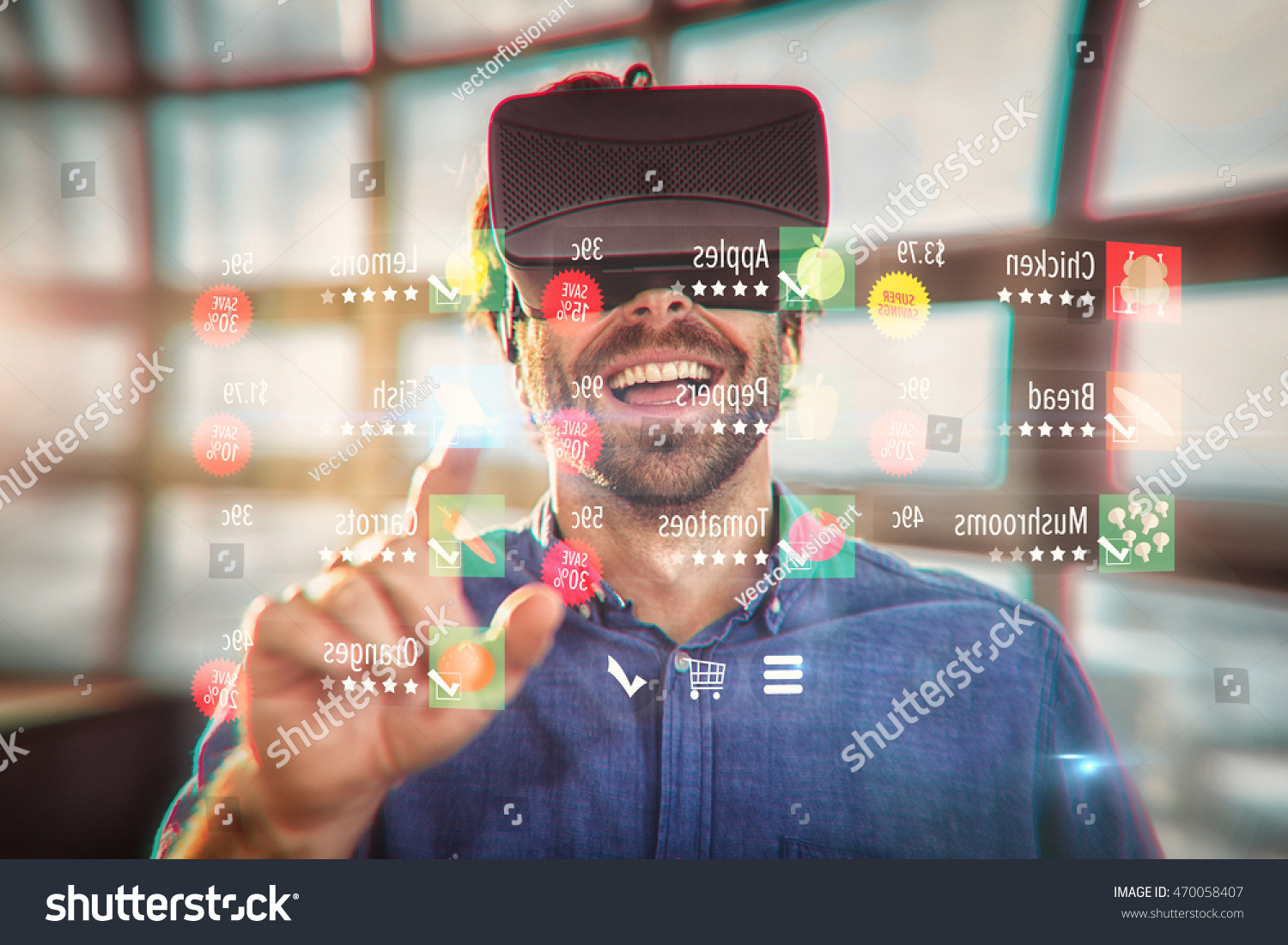 Food price tag against male business executive using virtual reality headset