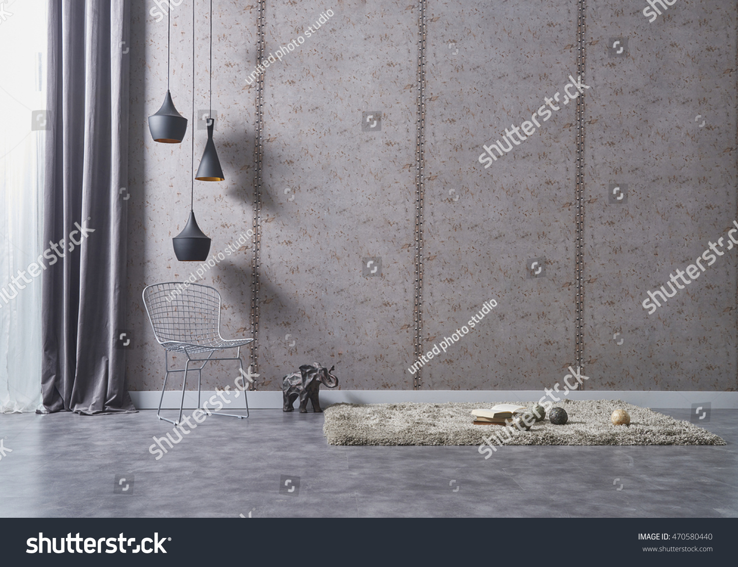 empty living room with modern interior decor and metal chairs and carpet wall lamp