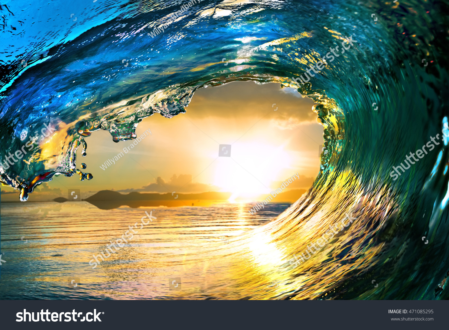 Surfing colored ocean wave falling down at sunset time