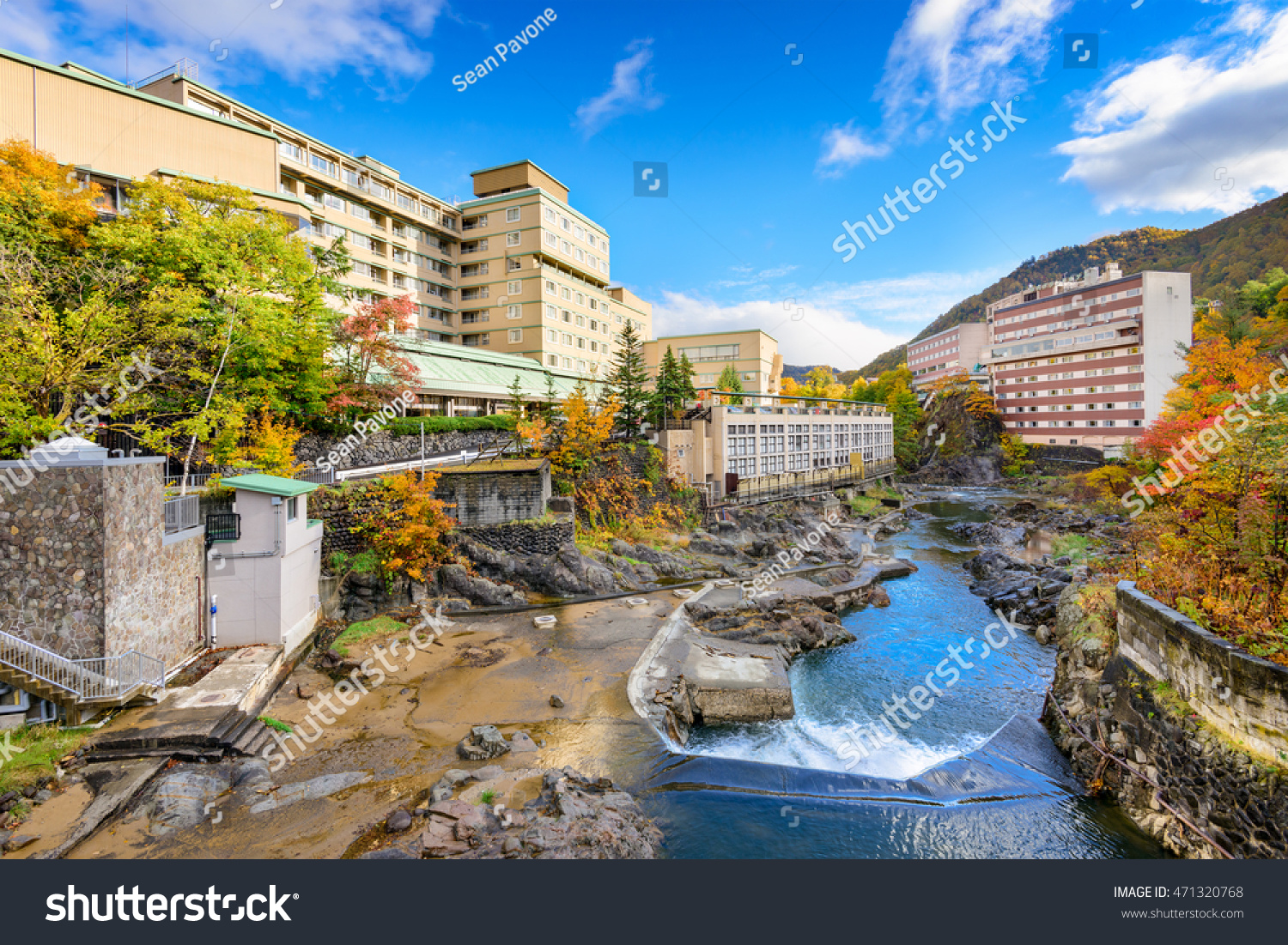 Jozankei  Japan inns and river skyline during the autumn.