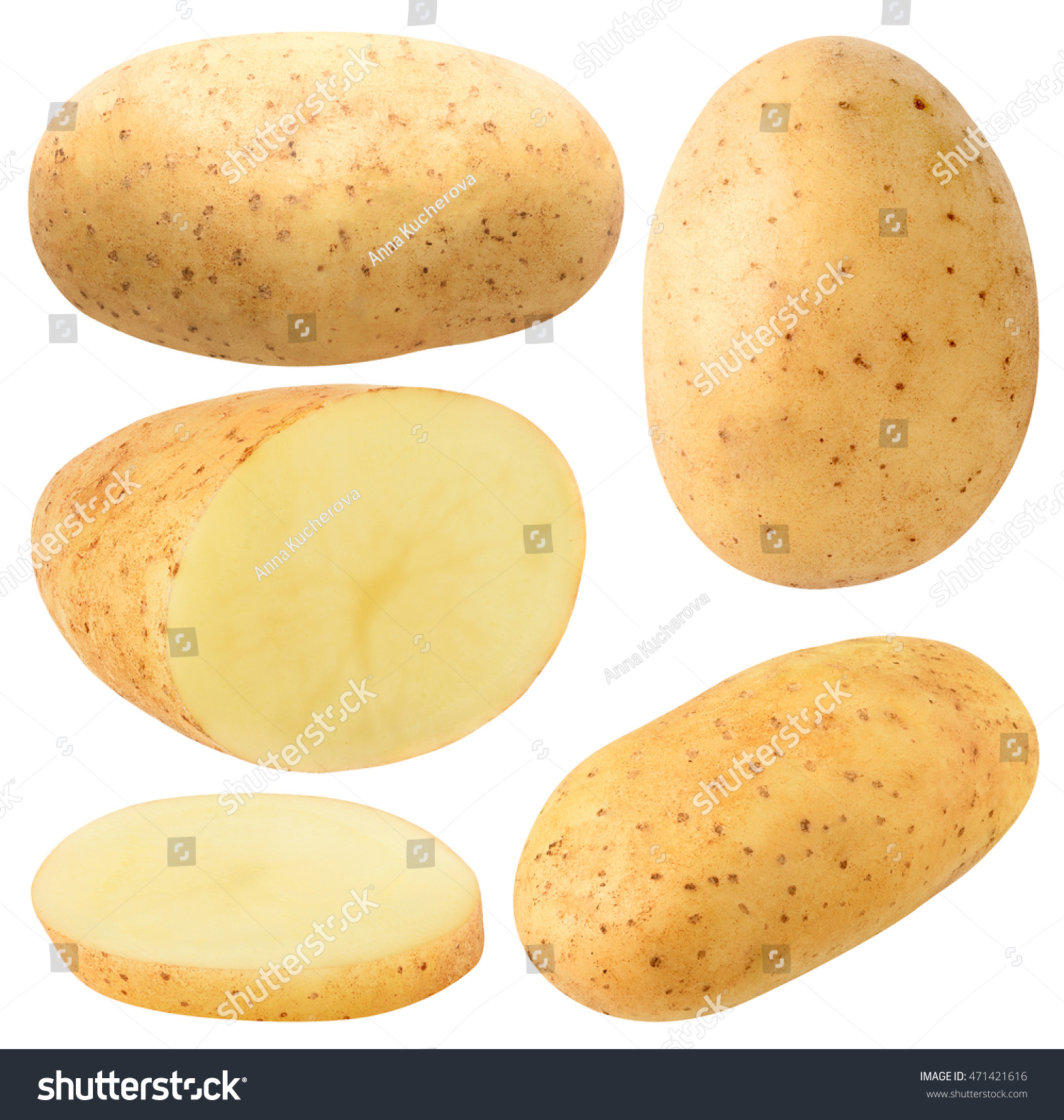 collection of whole and cut potatoes isolated on white back