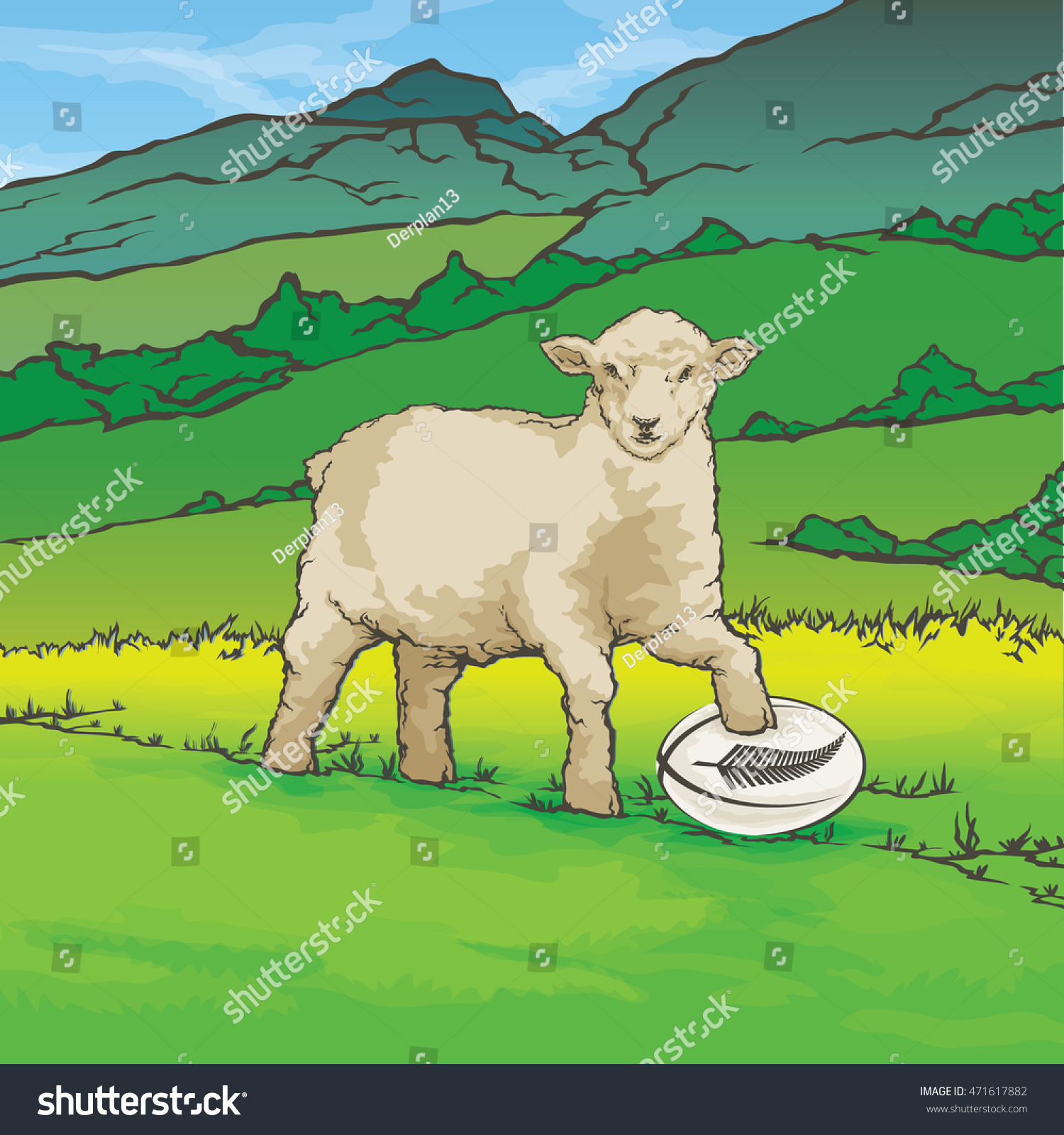Vector color image of sheep in the background of the nature New Zealand Rugby Ball