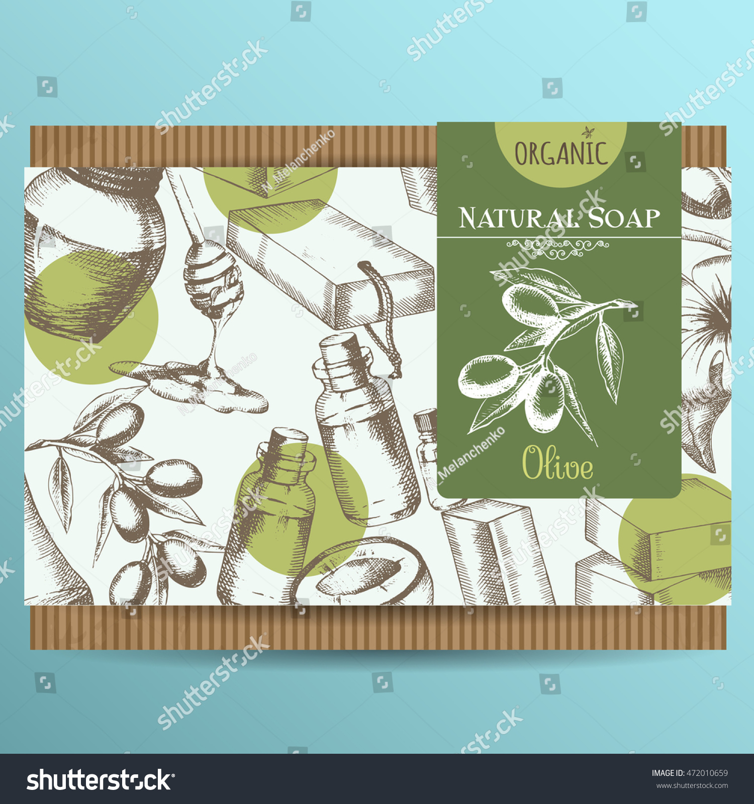 Packaging of natural soap with olive. Background with ingredients for organic soap. Sketch freehand drawing in graphic style. Vector illustration