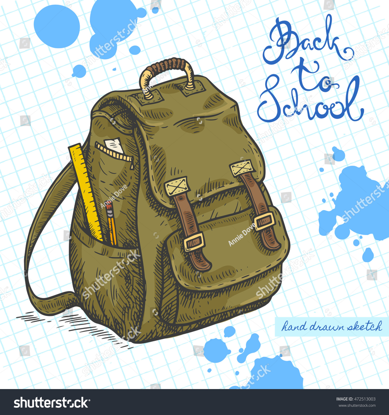 Vector linear illustration of the green school bag on the textured paper sheet in cell. Hand drawn color sketch of the knapsack with handwritten text Back To School and ink blots.
