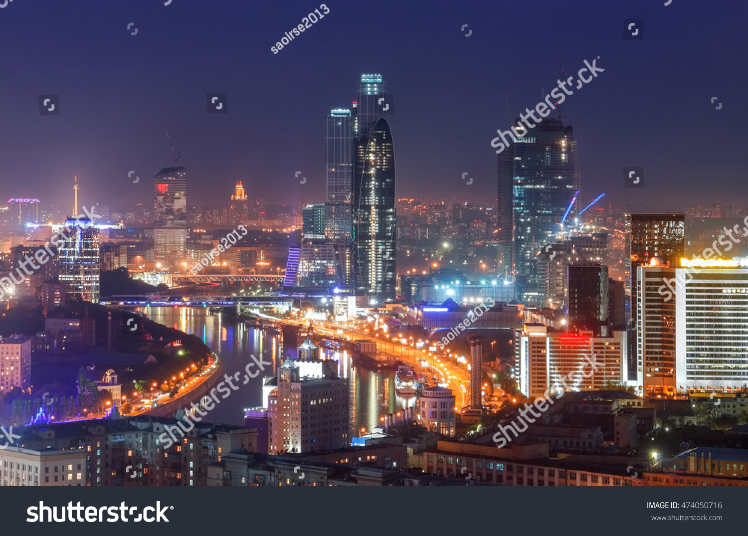 Top view of Moscow city skyline at night
