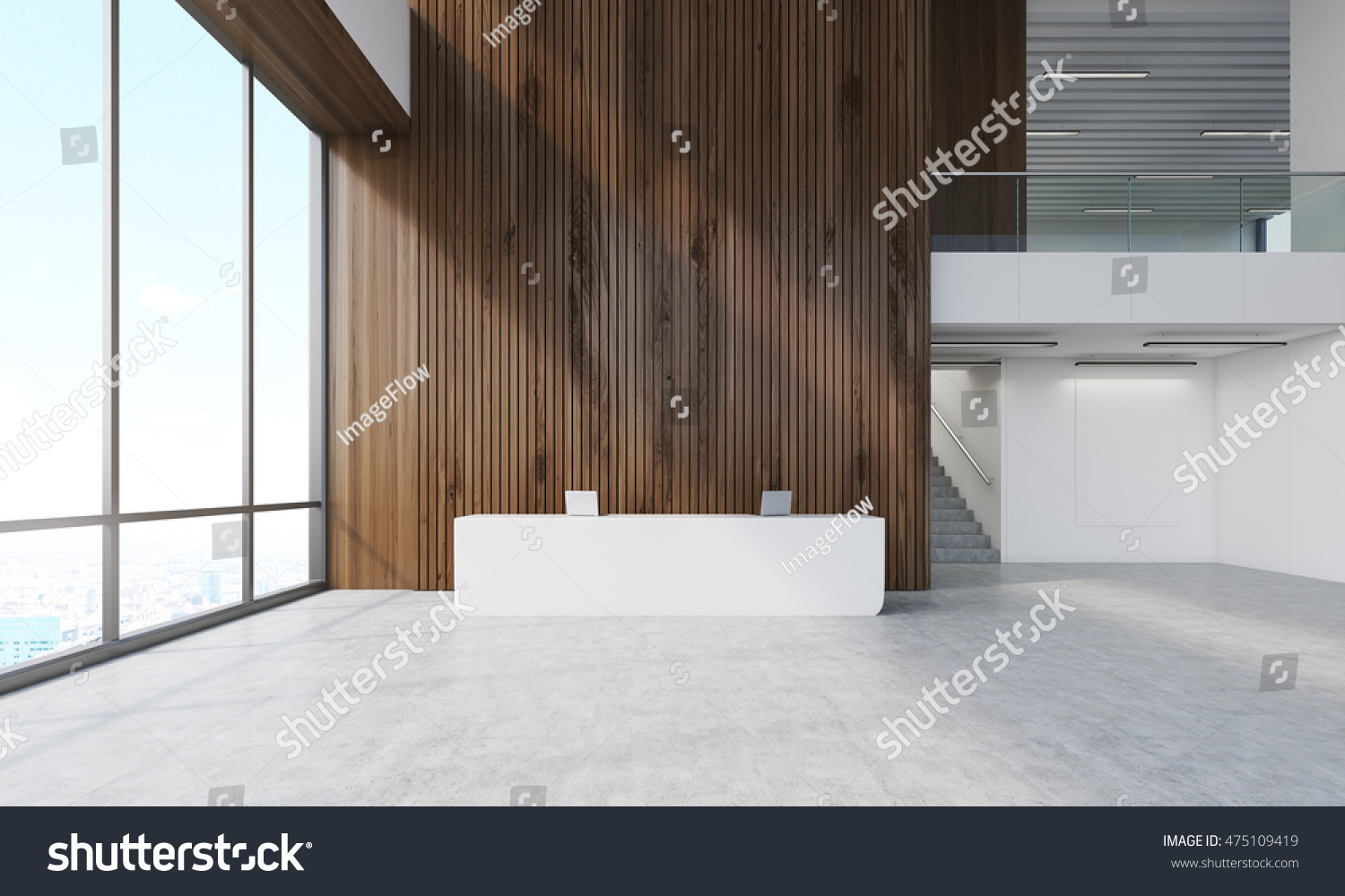 Dark wood wall in office with reception counter and stairs. Concept of business company building. 3d rendering. Mock up