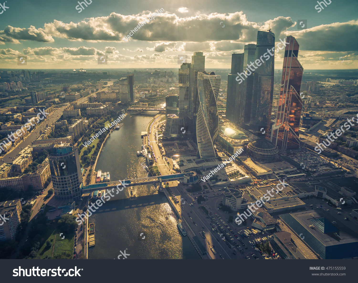 Aerial view of Moscow Russia. Panorama of the city with Moskva River. Moscow from above on a sunny summer day. Moscow skyline. The vintage photo.