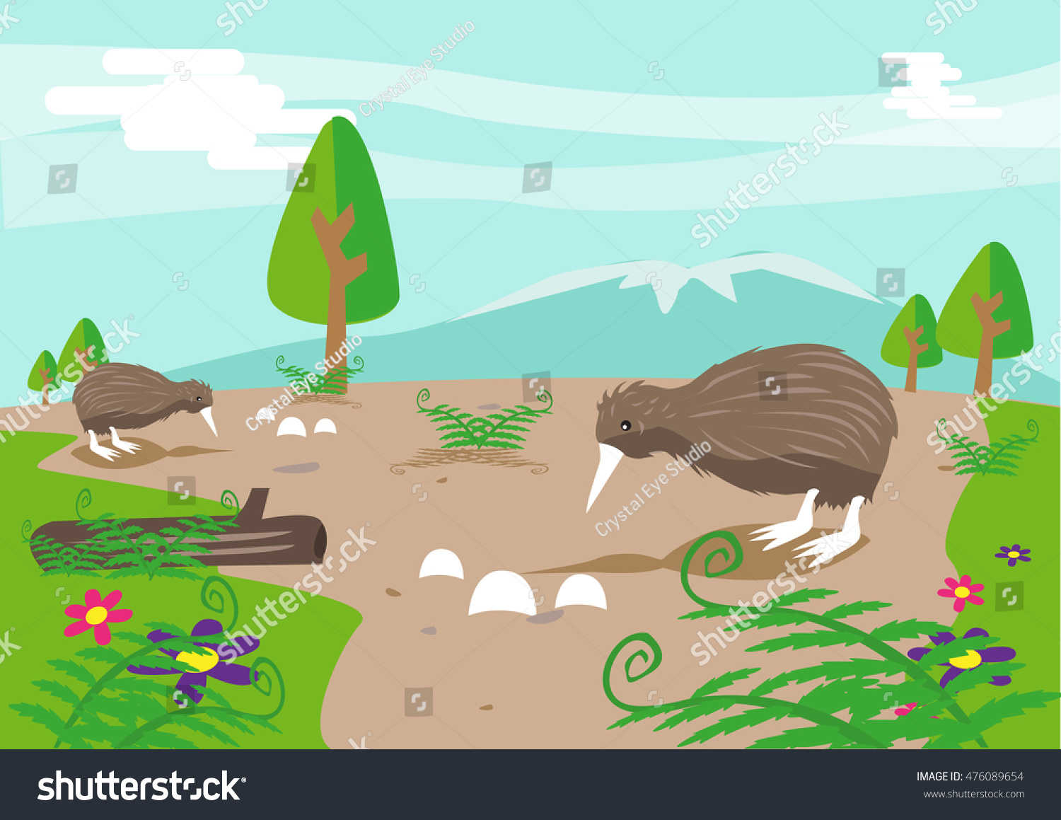 Kiwi Bird guarding its eggs. The bird is the national symbol of New Zealand. Editable Clip Art.