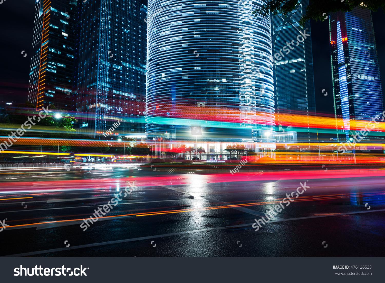 the light trails on the modern building background