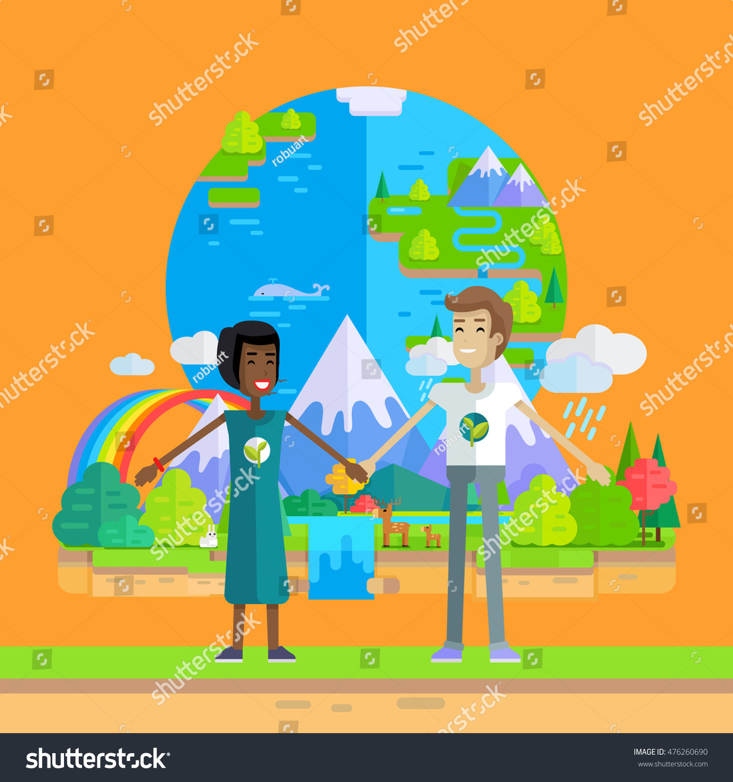 Smiling man and woman holding hands on planet Earth and nature background. Ecologist  environmentalist  nature protection activist or volunteer illustration. Flat design. International earth day.