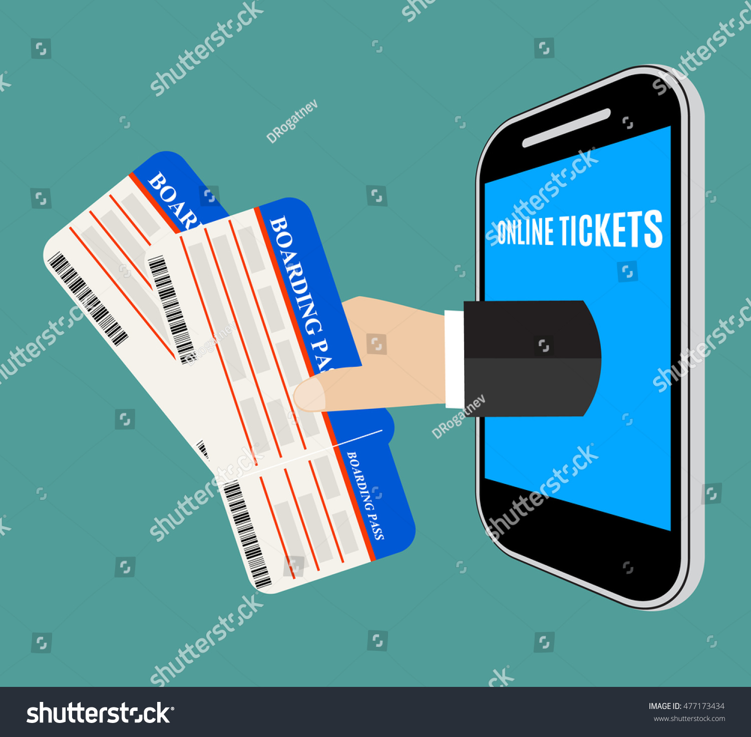 Hand coming out of the smartphone with airplane ticket . Online tickets booking concept. Vector illustration in flat design