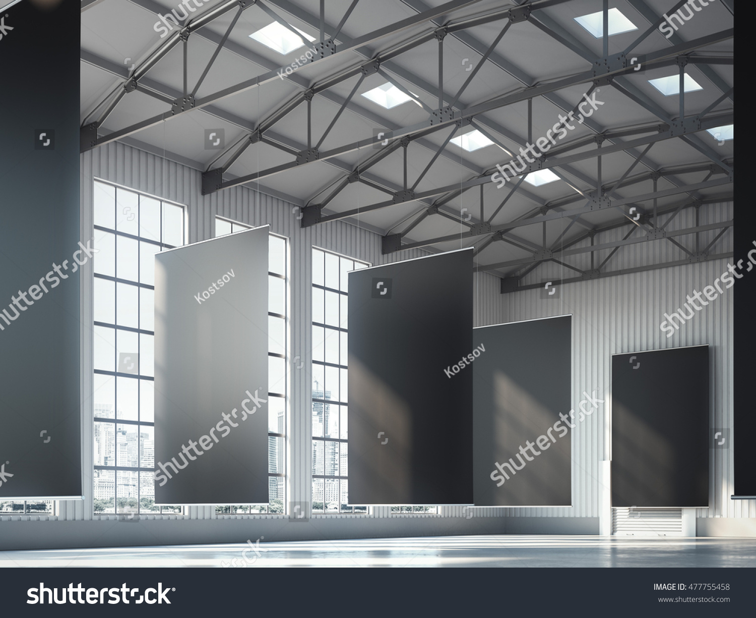Blank black banners in bright hangar area. 3d rendering