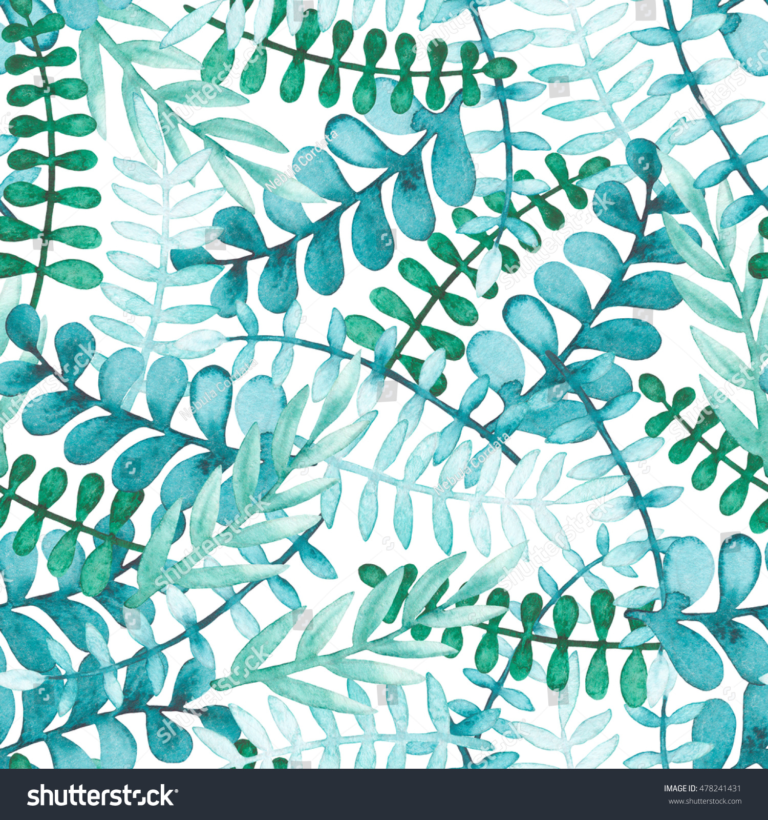 Seamless Pattern with Watercolor Blue Leaves and Green Herbs