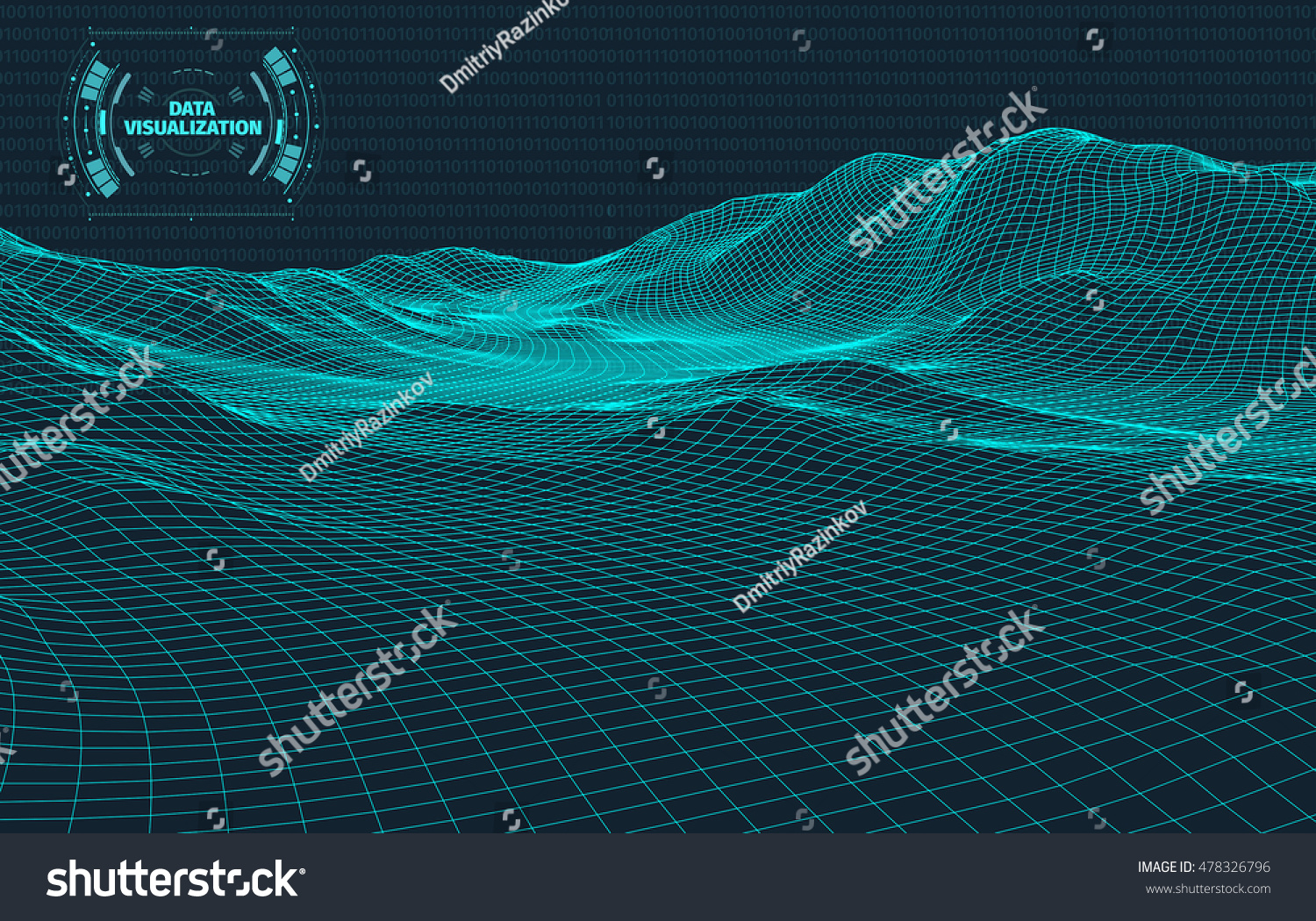Data visualization background . Futuristic design hud element . Binary code   coding and programming concept . Wide angle wireframe landscape .
