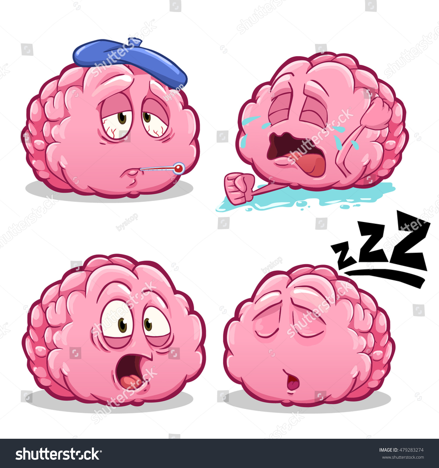 Vector cartoon illustration of brain character. Different poses and emotions. Brain character is stressed  tired  ill  sick and sleeping