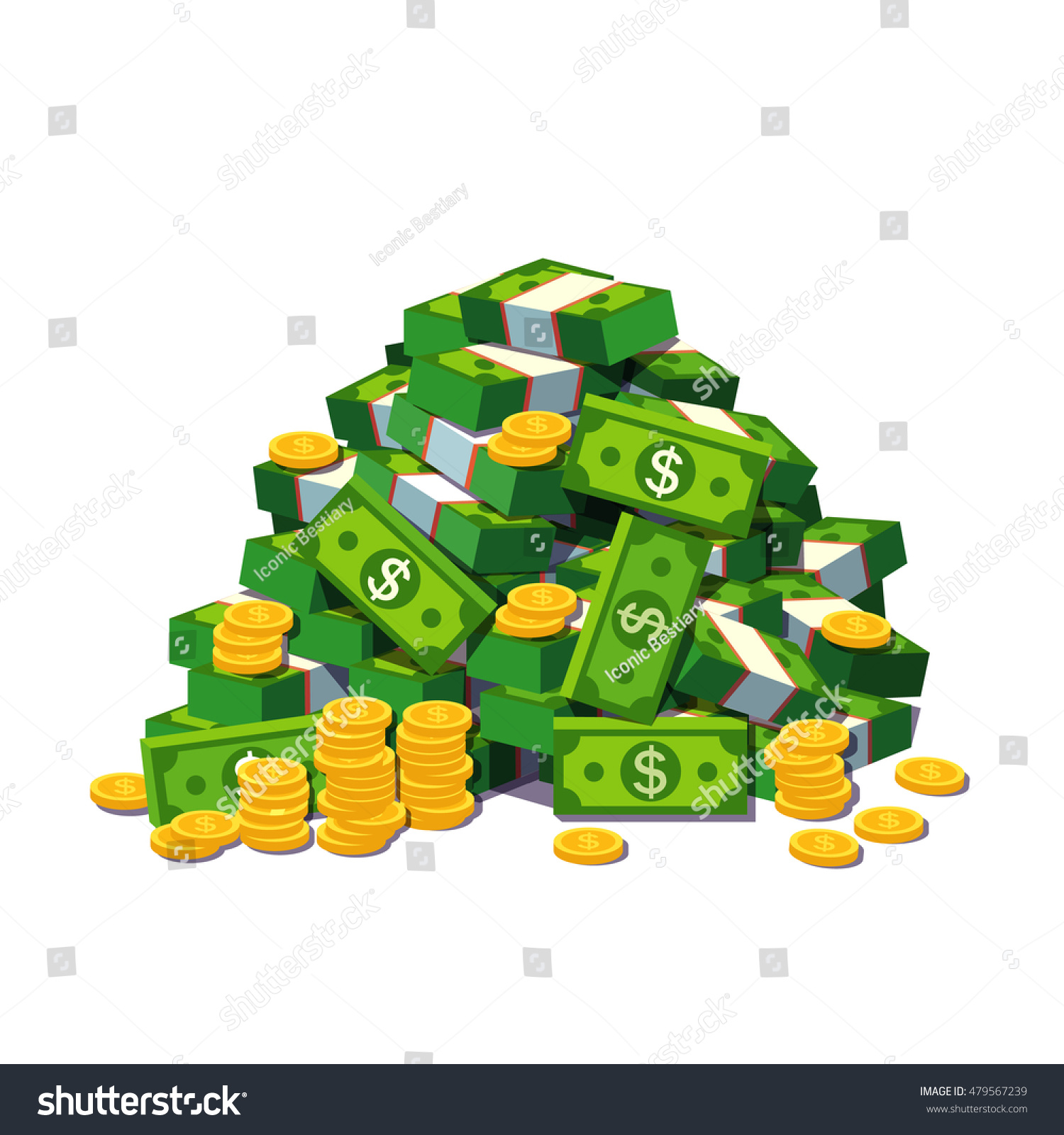 Big pile of cash money and some gold coins. Heap of packed dollar bills. Flat style modern vector illustration isolated on white background.