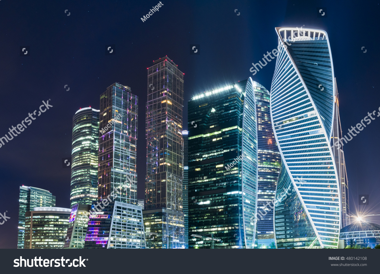 Moscow international business center Moscow City at night. Urban landscape metropolis night with skyscrapers