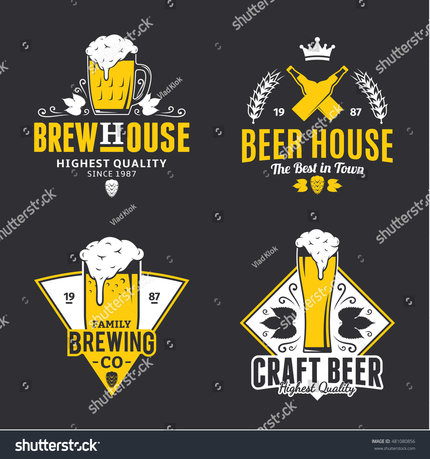 Set of vector white and yellow vintage beer logo  icons and design elements isolated on black background