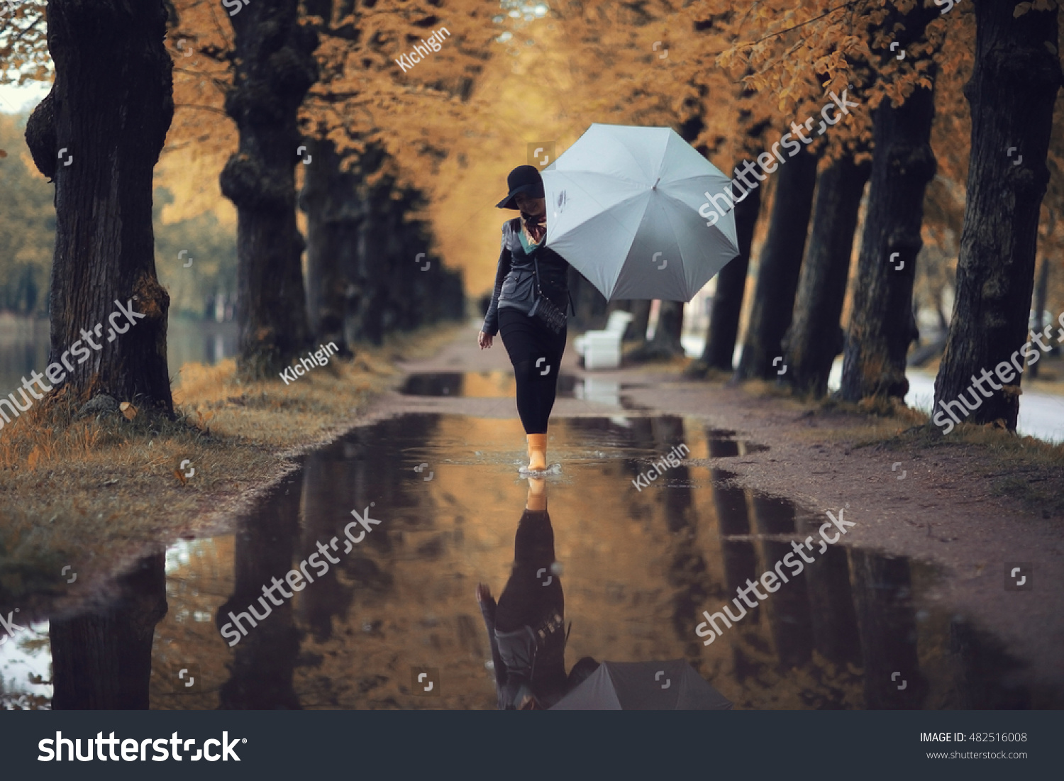 autumn landscape city woman umbrella rain puddles of yellow trees