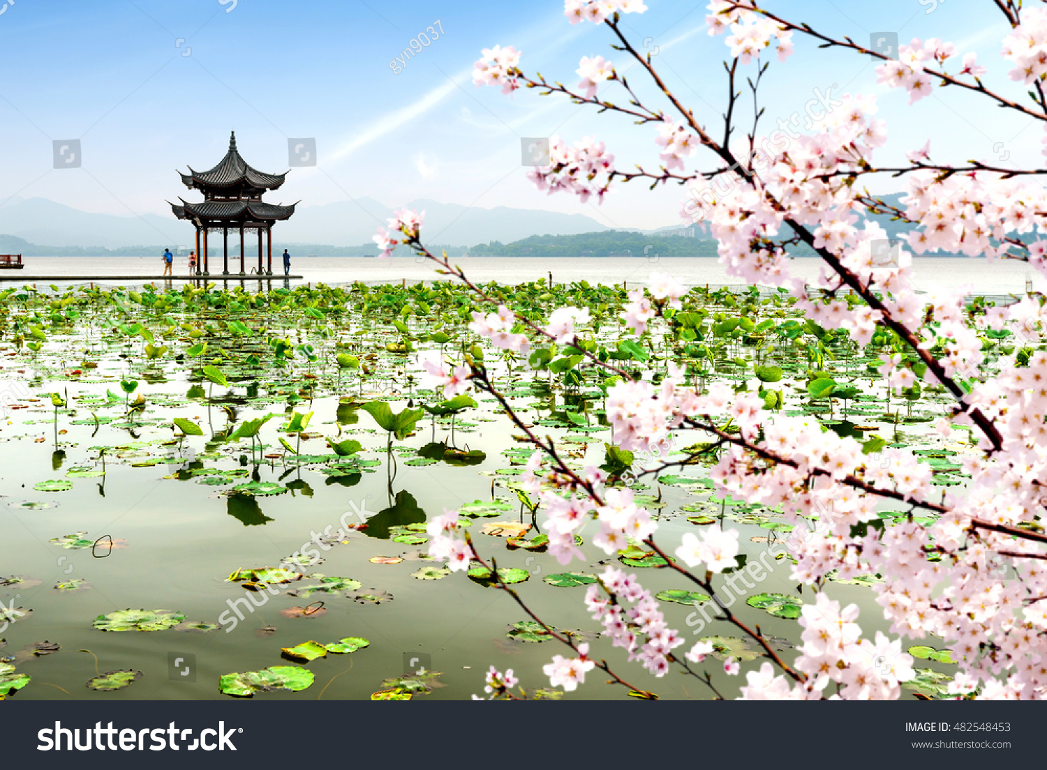 chinese ancient pavilion on the west lake in hangzhou