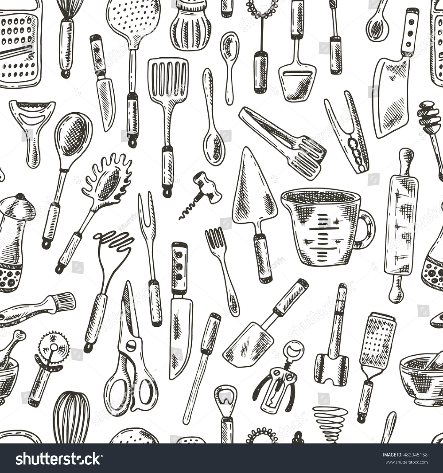 Seamless pattern with kitchen supplies. Hand drawn vector illustration. Peeler  grater  spoon  corkscrew  slicer  pepper mill  steel knife  whisk  fork  salt shaker and other elements for your design.