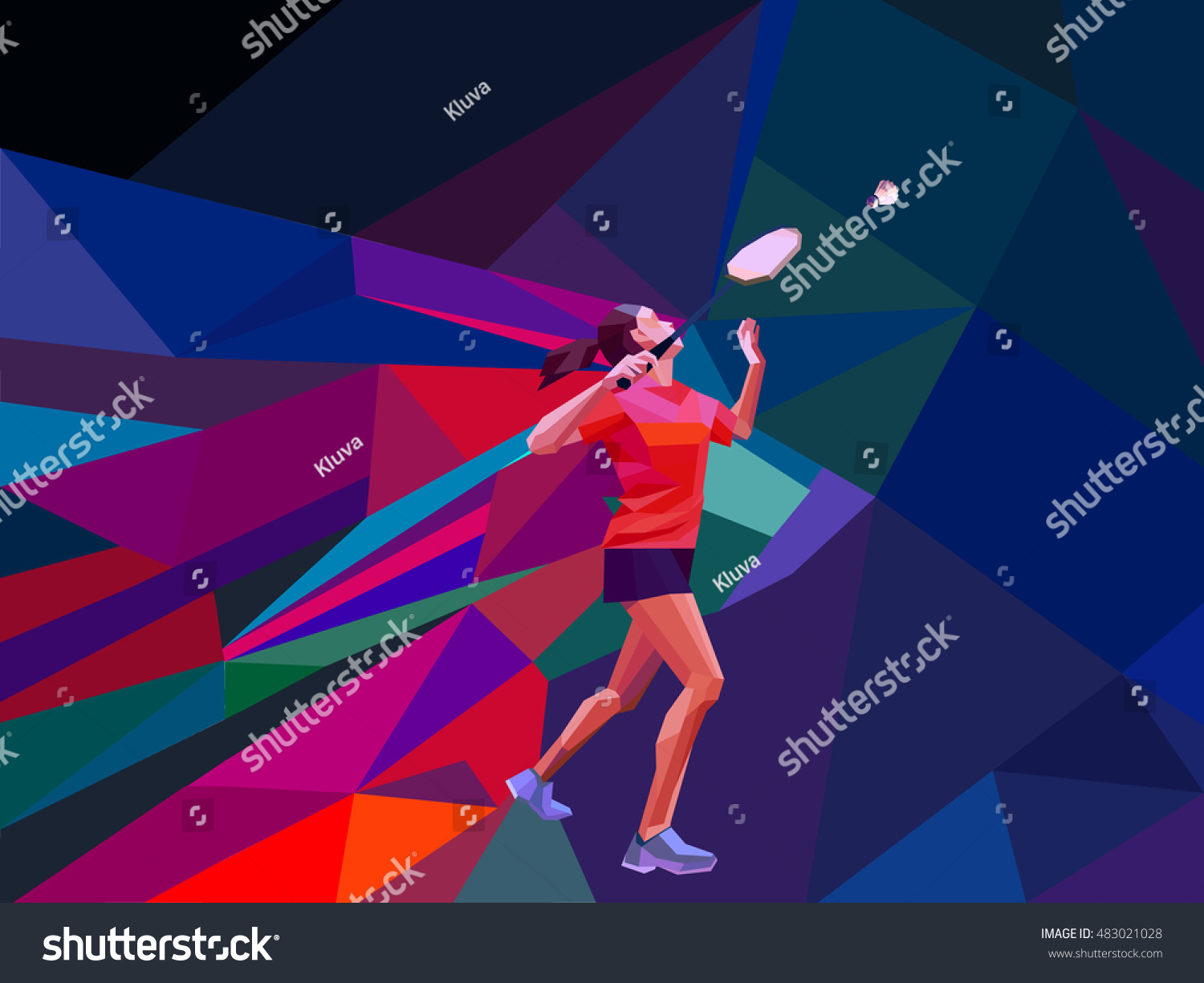 Unusual colorful triangle background. Geometric polygonal professional female badminton player