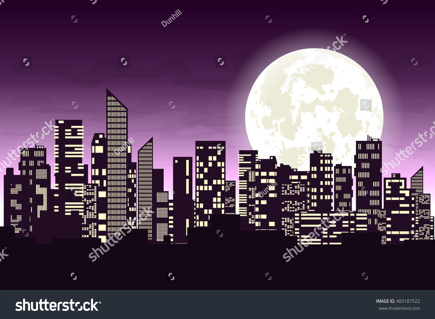 Panorama of the big city at night. Silhouettes of skyscrapers different construction in the dark town with glowing windows on a background of a large moon. Concept design banner. Vector illustration