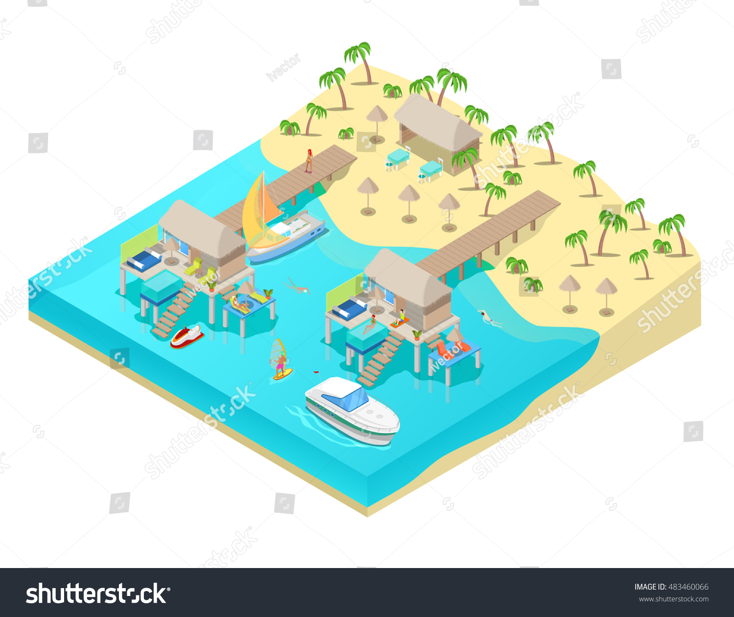 Isometric Tropical Beach Vacations. Resort with Bungalows Palm Trees and Boats. Vector 3d flat illustration