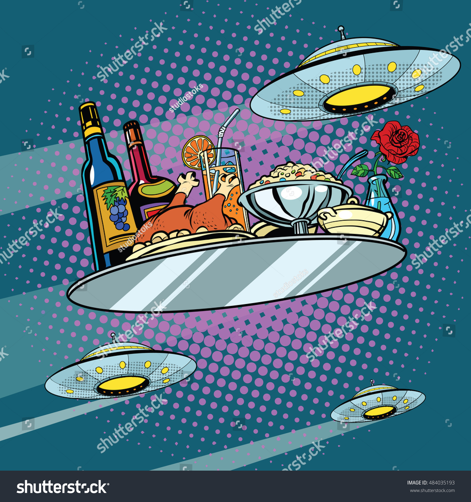 Flying a dinner tray and UFO  pop art retro vector illustration. Delicious food. Science fiction