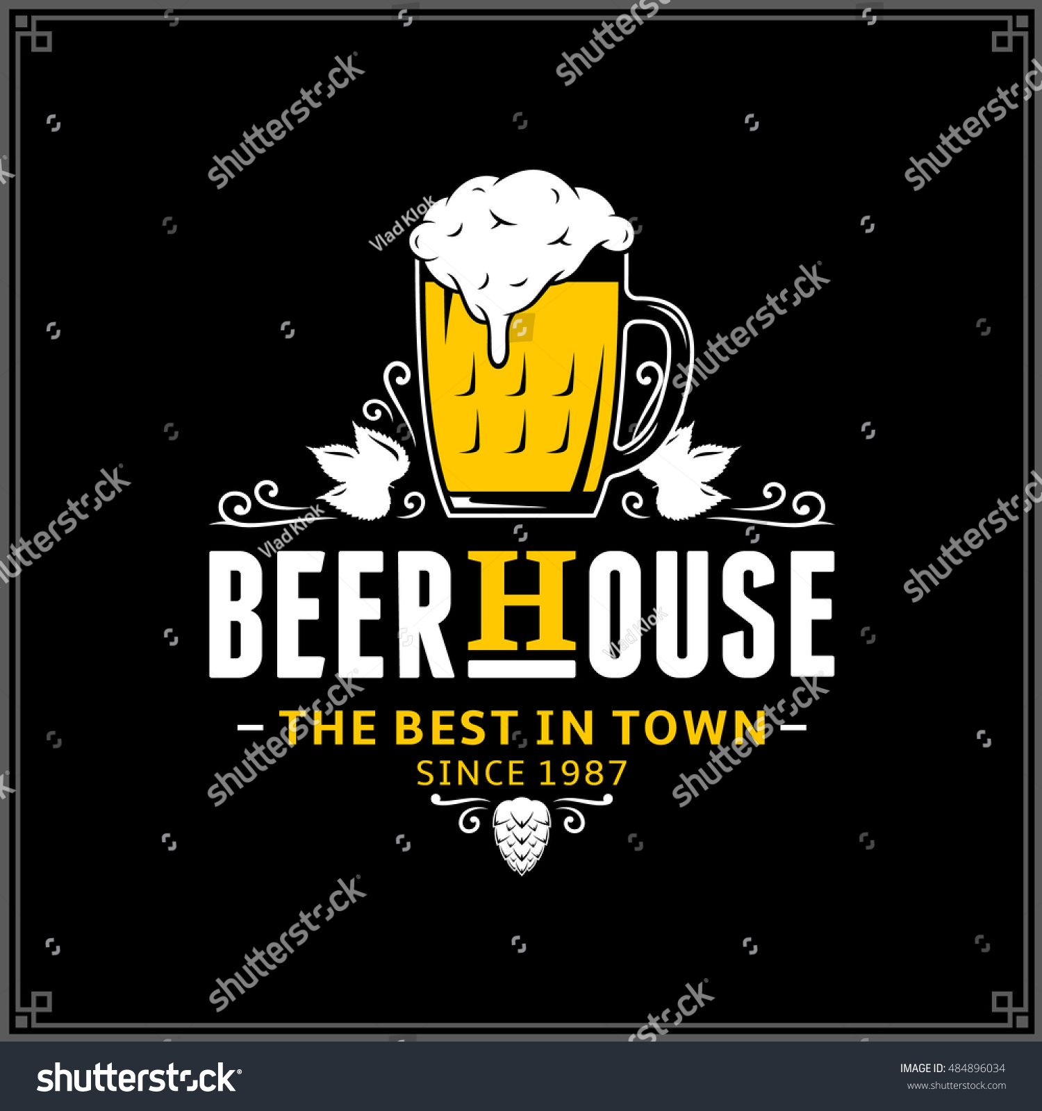 Vector white and yellow vintage beer house logo isolated on black background