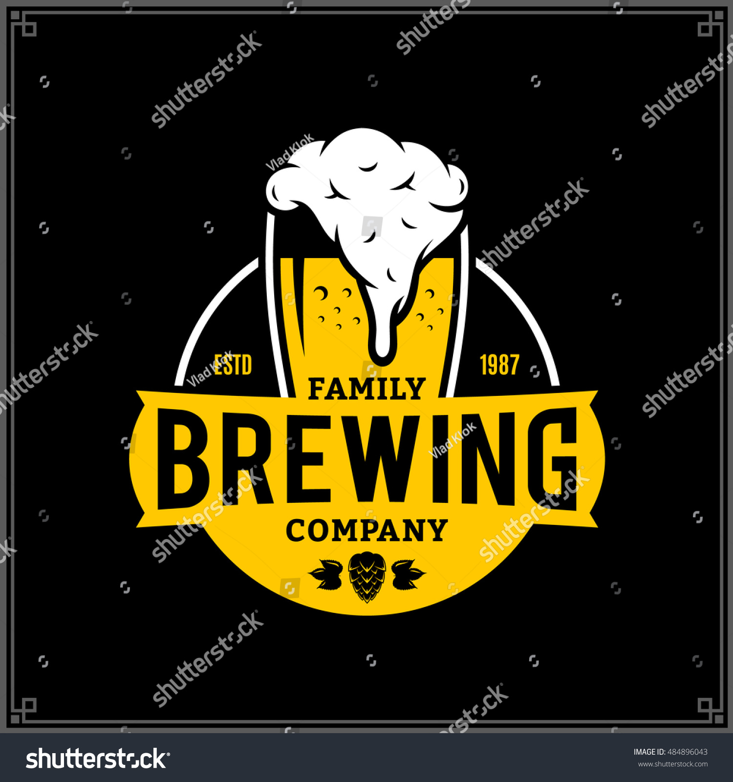Vector white and yellow vintage brewing company logo isolated on black background