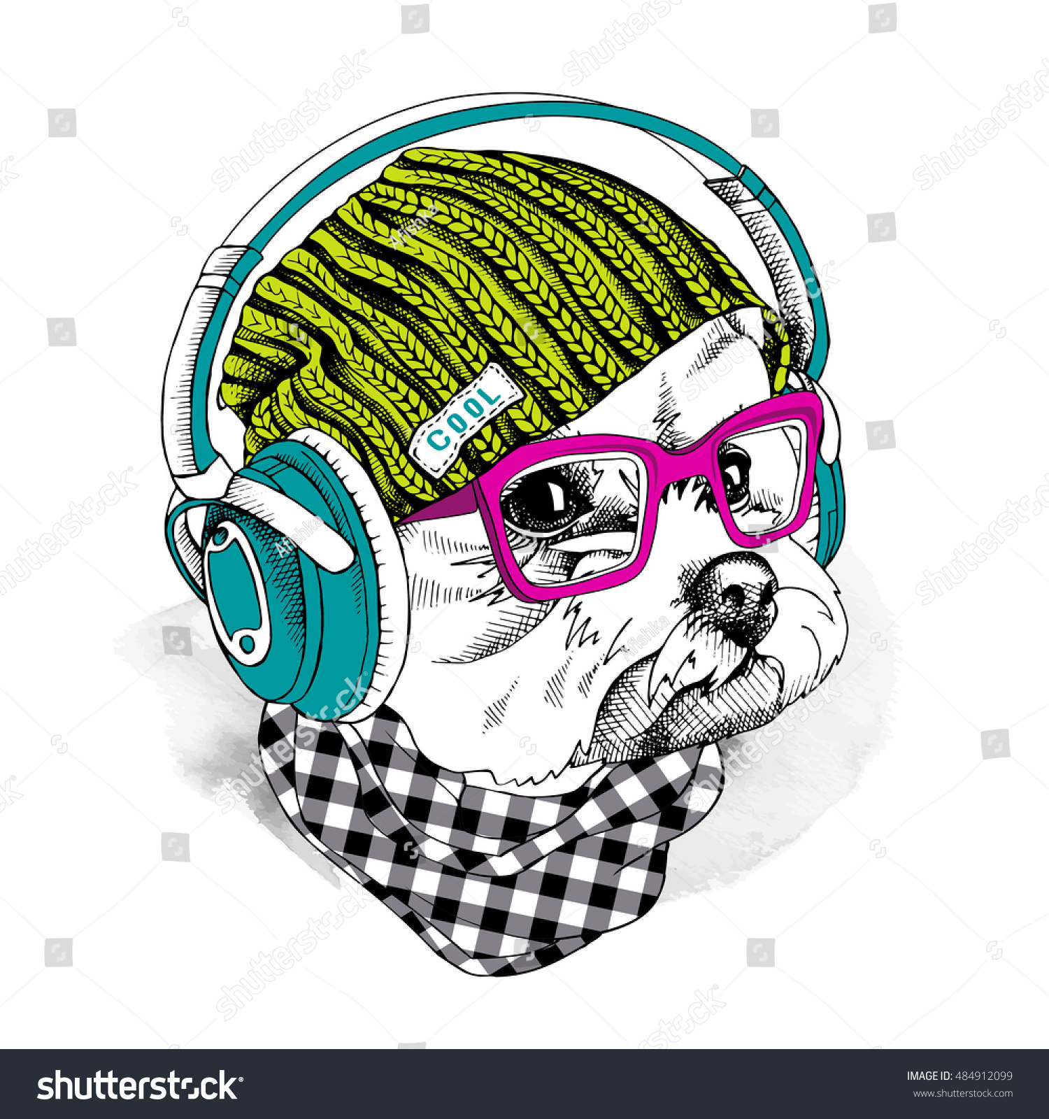 Portrait of a dog Maltese in a hipster knitted green hat and in a blue Headphones and with pink glasses. Vector illustration.