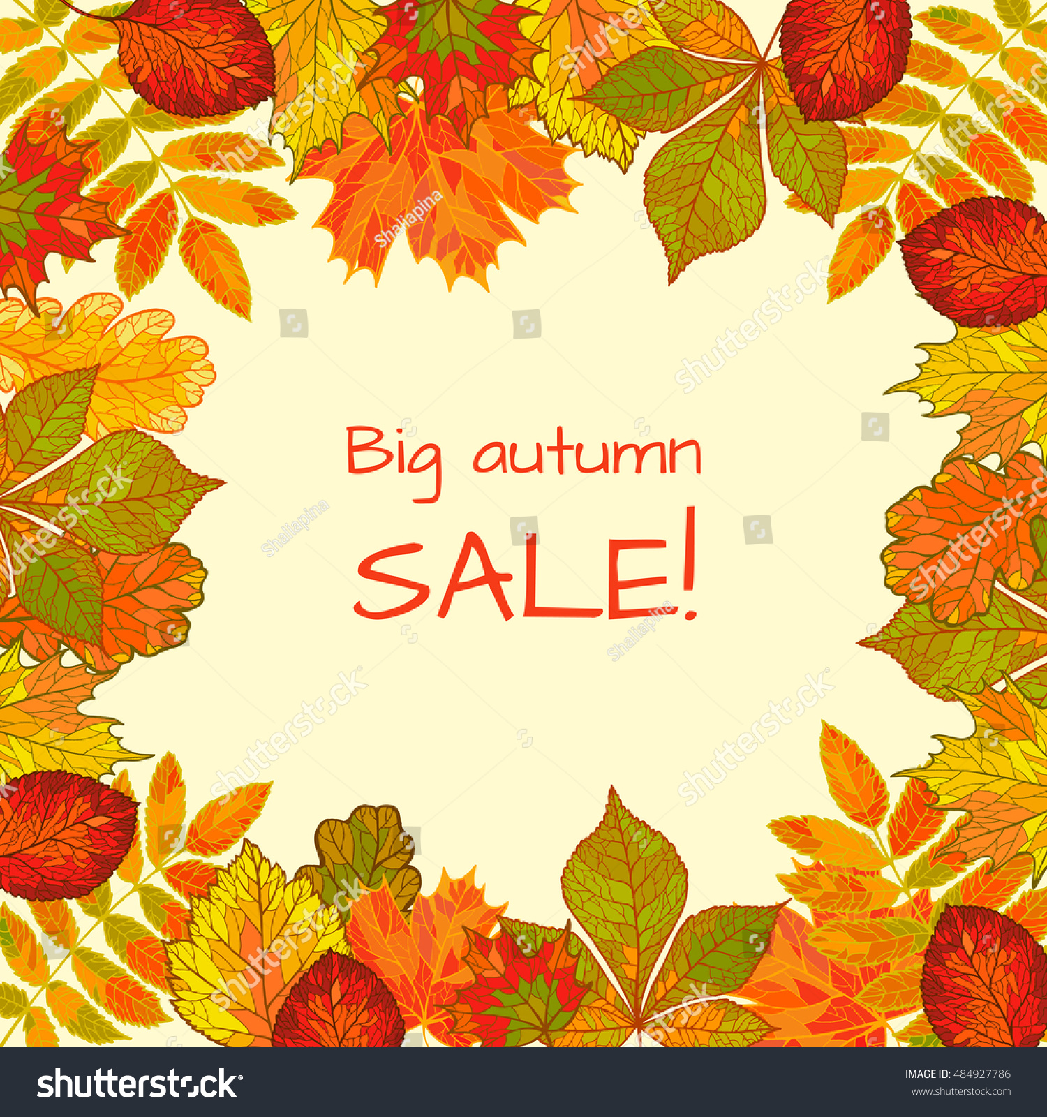 Colorful autumn background with falling leaves. Big sale. Drawing by hand.