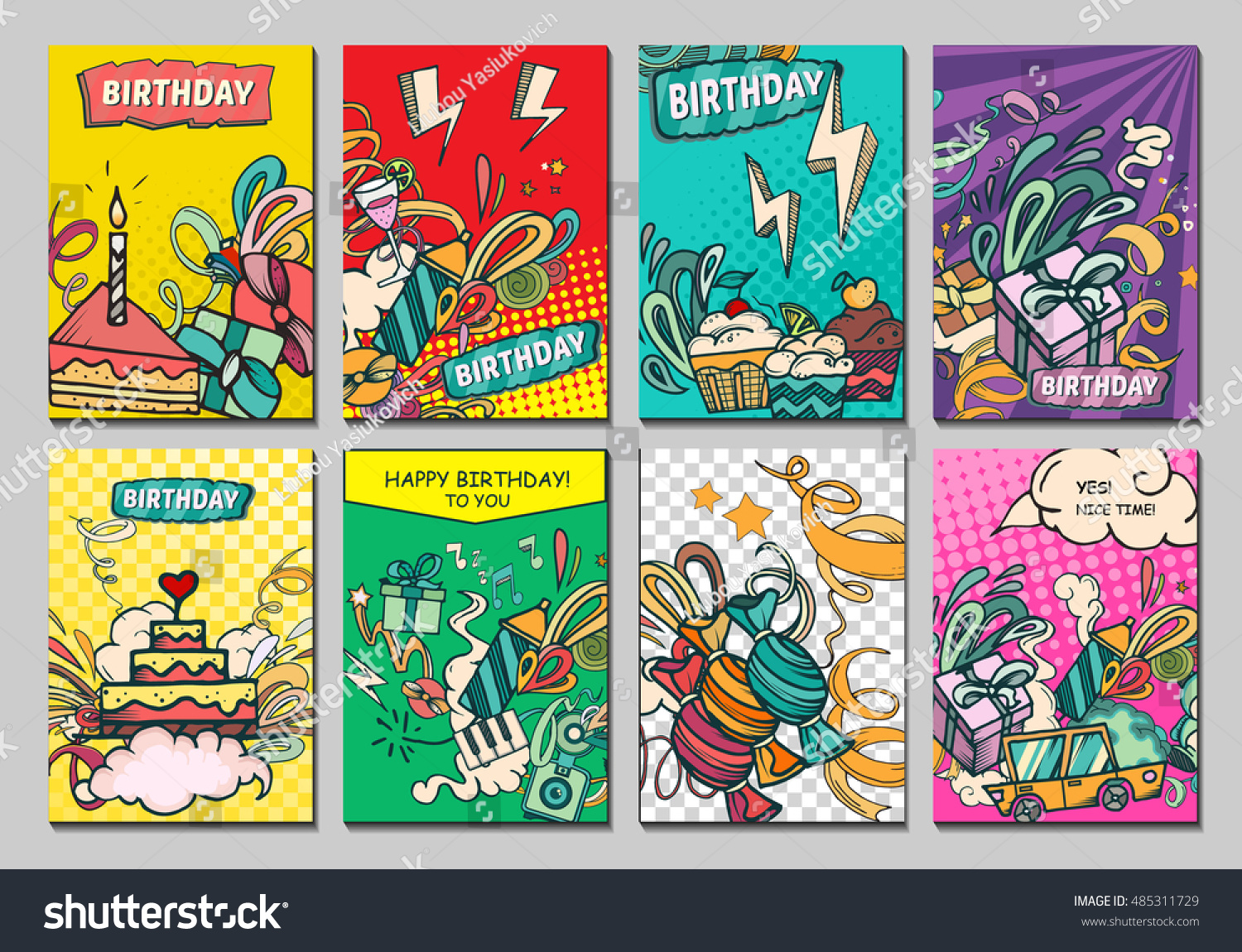 Happy birthday abstract vector illustration. Party and celebration design cards. Illustration of balloon  gifts  fireworks  ribbon  confetti  cake  pie  drinks. ?omics style