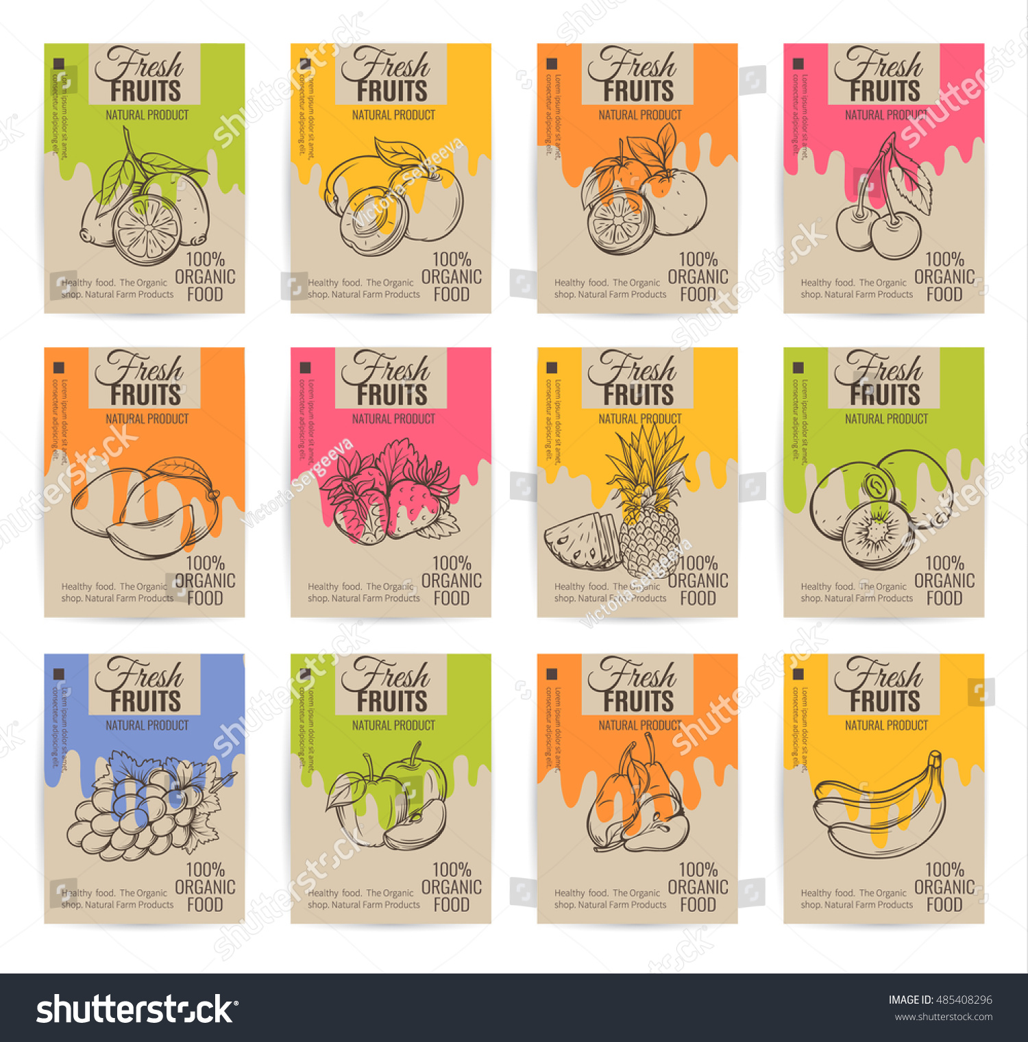 Hand drawn fruits posters set. Vector illustration.