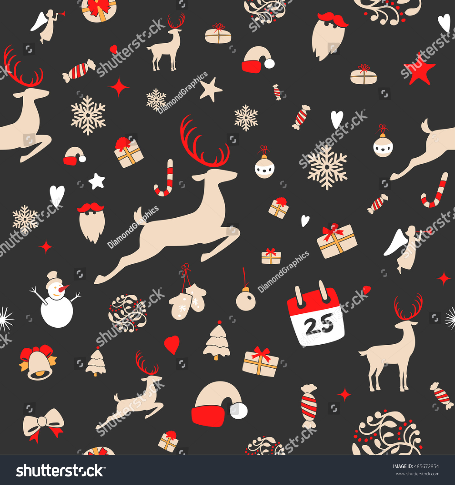 Seamless pattern design. Merry Christmas card decoration. Happy New Year design elements. Vintage ornament of black yellow deer  bell  snowflake  ribbon  Christmas tree  snowman. Vector icons set.
